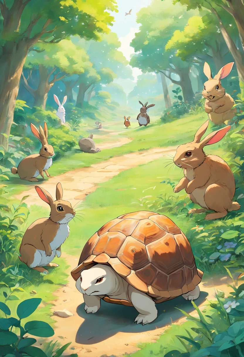1 hare, 1 tortoise, the hare laughing at tortoise, with other animals watching. The tortoise remains calm, issuing a challenge to the hare.