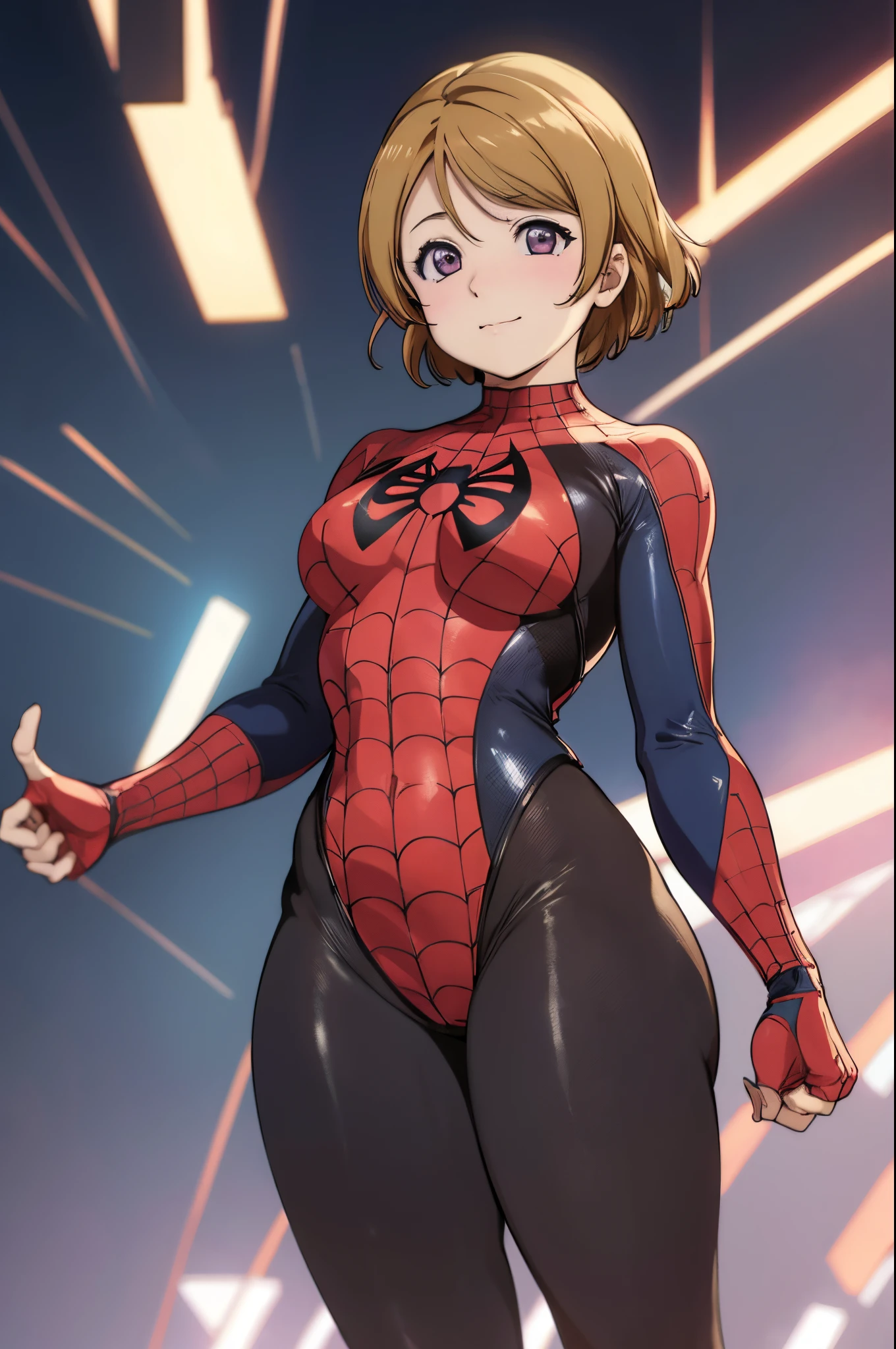 koizumi hanayo, (tight bodysuit:1.2), Spiderman custom , standing , cowboy shot