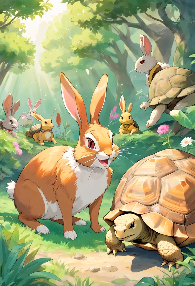 1 hare, 1 tortoise, ((((the hare laughing at tortoise)))), with other animals watching. The tortoise remains calm, issuing a challenge to the hare.