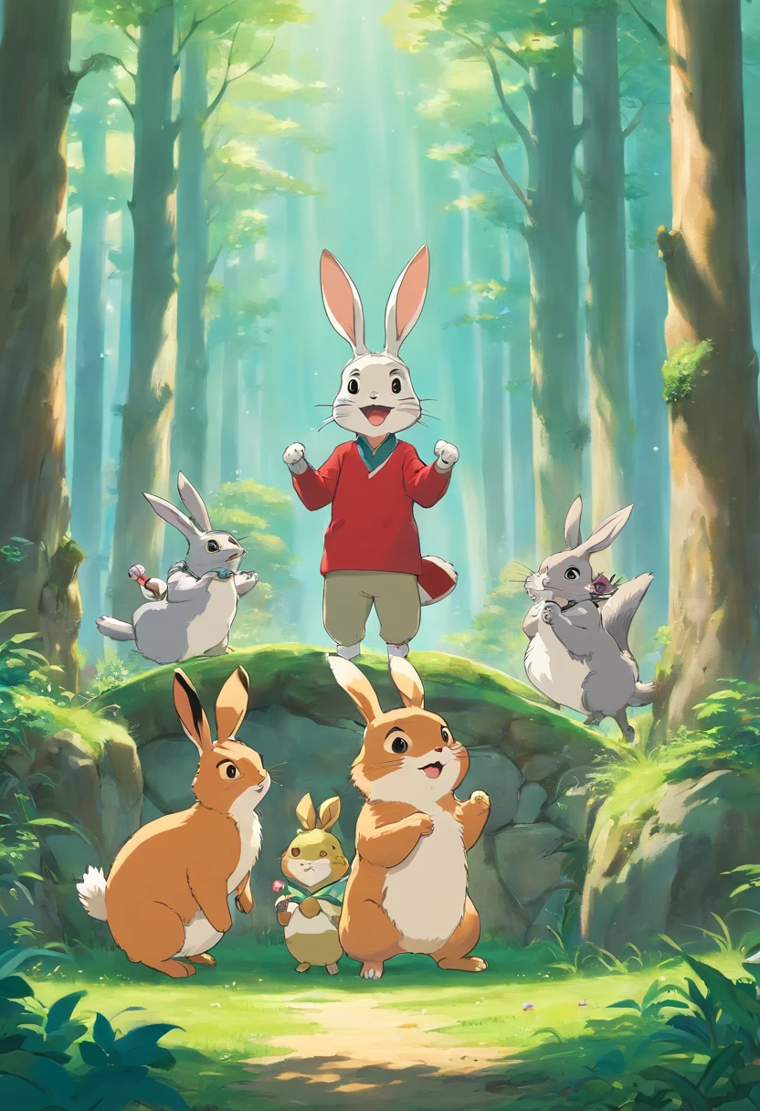 Depict a scene where the hare, standing on two legs, is laughing with an open mouth, one paw on his belly, and the other extended towards the tortoise. The tortoise should be facing the hare, appearing calm and composed, with a slight smile. Include a few forest animals like a fox, a couple of birds, and a raccoon gathered around, watching the interaction with various expressions of interest and surprise