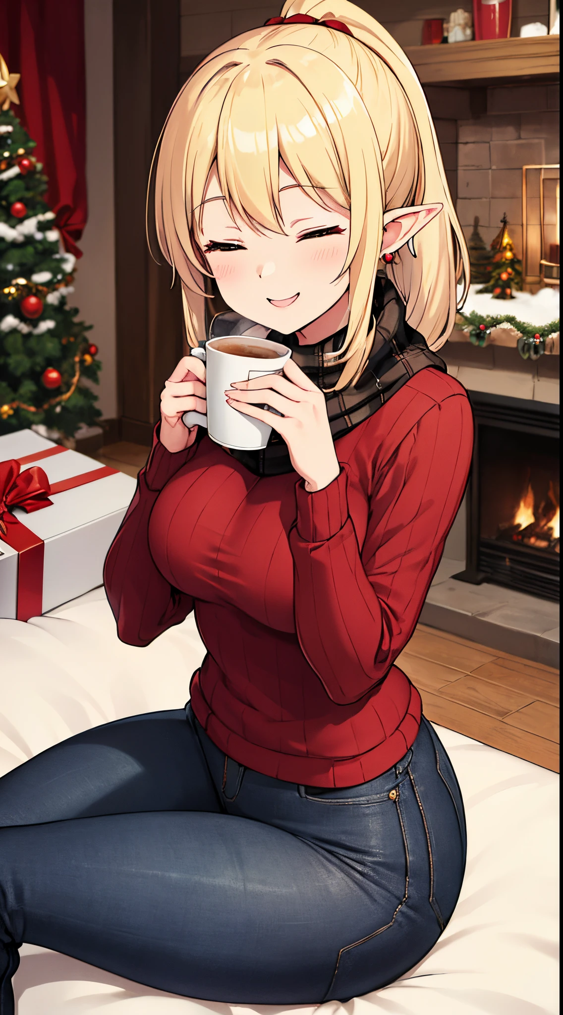 masterpiece, best quality, highres, ((Slim thicc waifu:1.3)), large breasts, elf, yellow eyes, short blonde hair in a high ponytail, adorable, (black choker), (red holiday sweater), (black mom jeans), jewelry, cowboy shot, playing in the snow, winter, happy, smiling, black and white scarf, sitting in a comfy living room, Christmas scene, holding hot coffee. Eyes closed