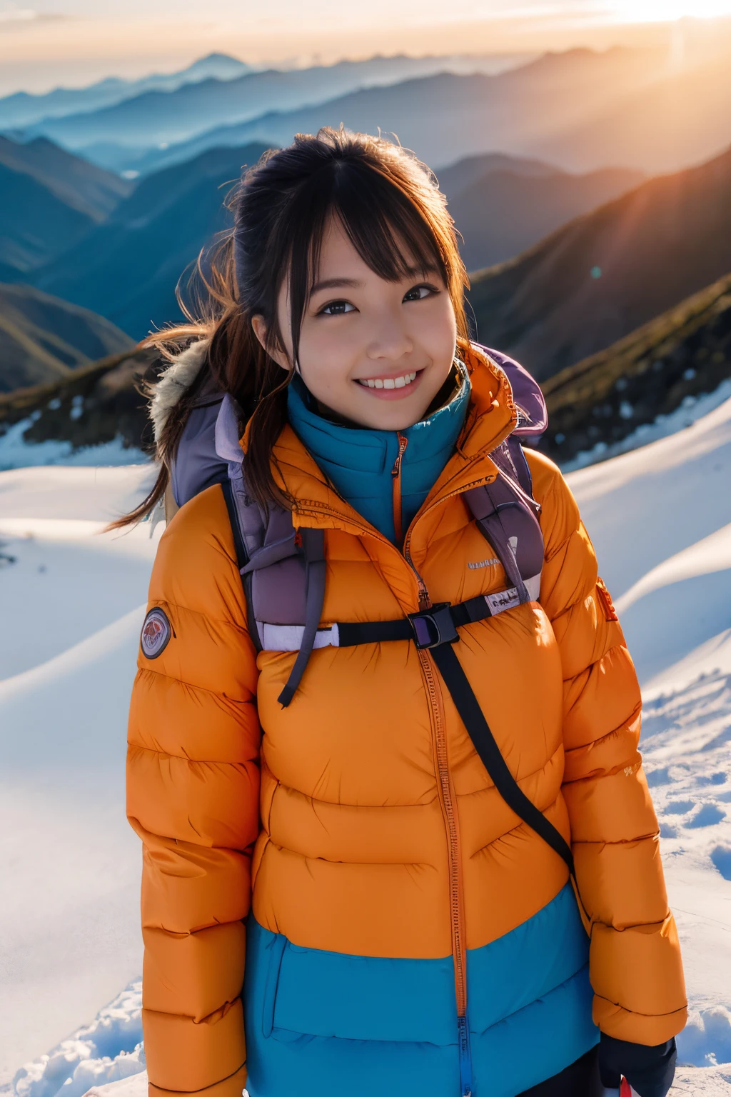 nffsw, nffsw, Ray traching, Radio City, Anisotropy Filtering, 16 K, Best Quality, masutepiece,1girl in, Solo, 25-years old,  Beautiful mountaineer, hiking clothes, Gradient long hair, Perfect, Detailed, Convoluted, ropes, mountaineering equipment、Happy smile、Orange sunset、Happy smile、hiking