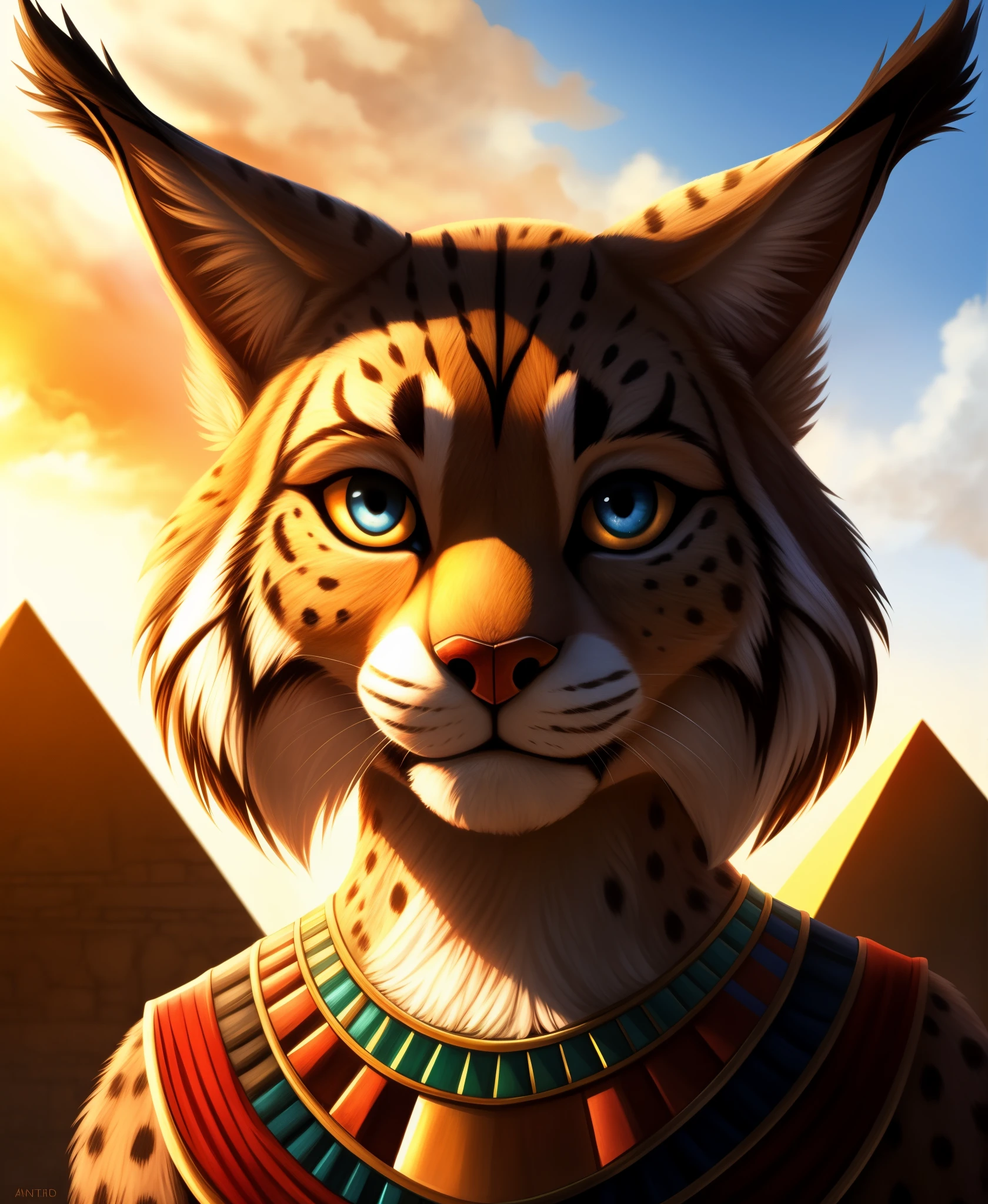 masterpiece, best quality,furry girl,outdoor,hdr,blue sky,sunlight, pyramind perfect light,animal nose,solo,detail fur,epic movie concept adorable,egyptian clothes, looking at viewer,sheli,lynx
