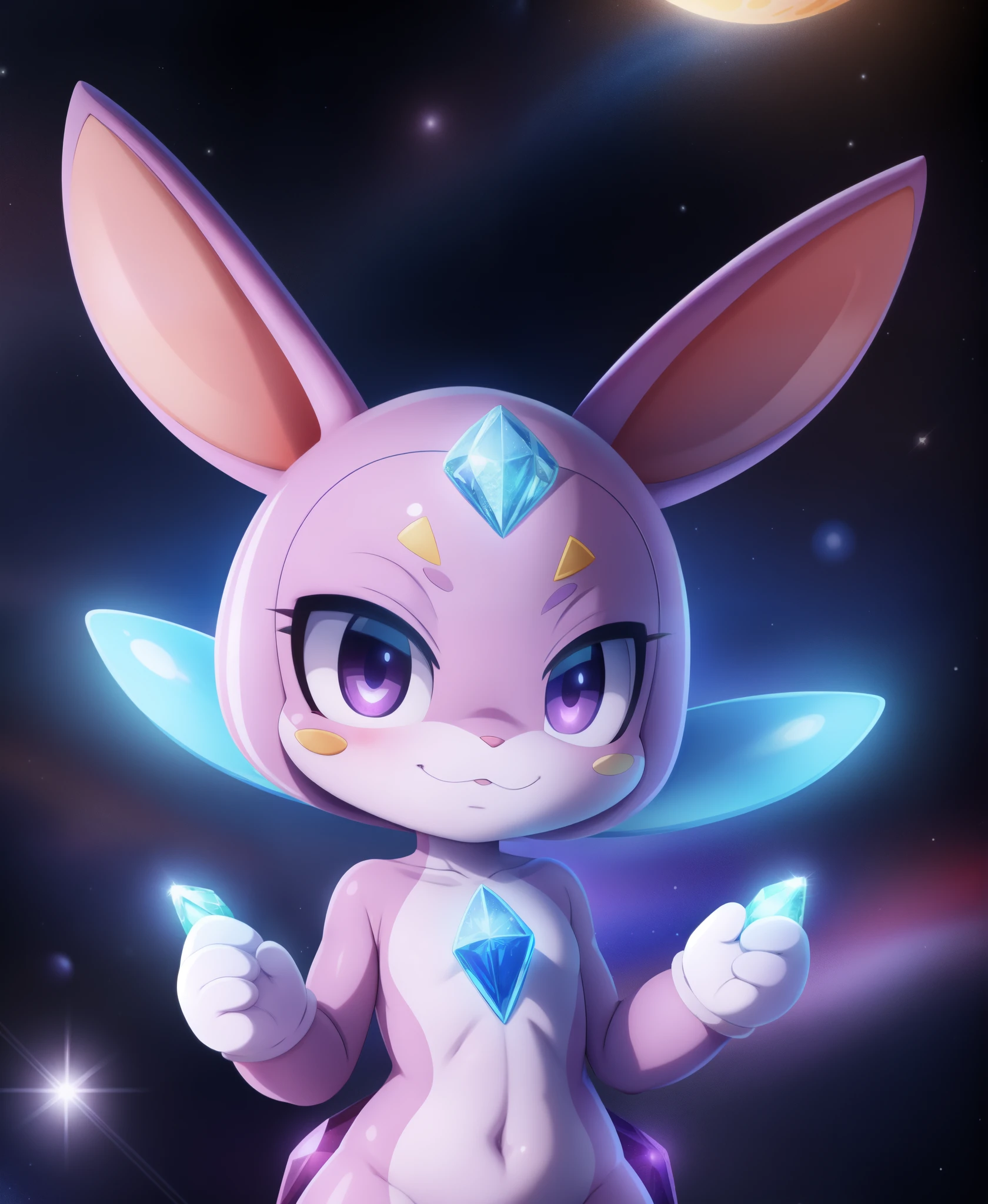 dagasi ,, Moony the female alien hybrid rabbit, antennas on her head, light purple skin, tiny toons style, space in the background, cgi, glowing powers, gem on her forehead