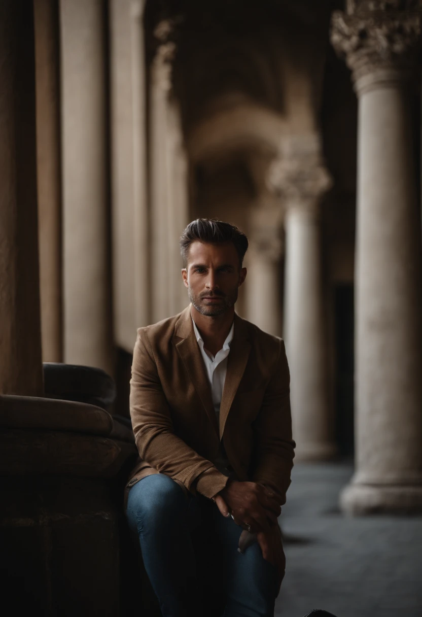 The enigmatic and handsome urban traveler of 50 years of appearance: Immerse yourself in sensual shadows that highlight striking eyes and short brown hair with blonde highlights.. Mastery of light and shadow adds depth to his masculine appearance in this dramatic composition... Capturado con una Fujifilm GFX 100S y una Fujinon GF 63mm f/2.Objetivo 8 R WR --ar 9:16 --s 350 --c 10 --estilo crudo