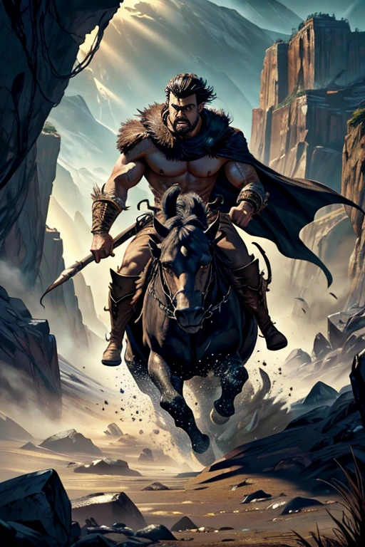 dungeons and dragons, epic movie poster, Barbarian, broad body, muscular, black hair, short hair, men with cape charging into battle,
riding a vicious ice [wolf|lion] beast leather (windy dust debris storm:1.1) volumetric lighting, dense fog, depth mist, wasteland, stones, dry earth, cracks in ground, very bright morning sunlight from side, (masterpiece) (best quality) (detailed) (8k) (cinematic lighting) (sharp focus) (intricate),