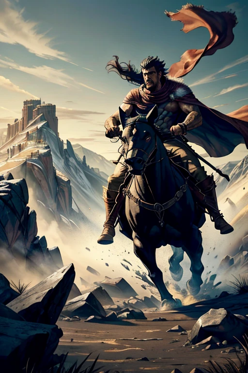 dungeons and dragons, epic movie poster, Barbarian, broad body, muscular, black hair, short hair, men with cape charging into battle,
riding a vicious ice [wolf|lion] beast leather (windy dust debris storm:1.1) volumetric lighting, dense fog, depth mist, wasteland, stones, dry earth, cracks in ground, very bright morning sunlight from side, (masterpiece) (best quality) (detailed) (8k) (cinematic lighting) (sharp focus) (intricate),