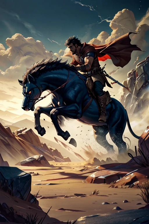 dungeons and dragons, epic movie poster, Barbarian, broad body, muscular, black hair, short hair, men with cape charging into battle,
riding a vicious ice [wolf|lion] beast leather (windy dust debris storm:1.1) volumetric lighting, dense fog, depth mist, wasteland, stones, dry earth, cracks in ground, very bright morning sunlight from side, (masterpiece) (best quality) (detailed) (8k) (cinematic lighting) (sharp focus) (intricate),