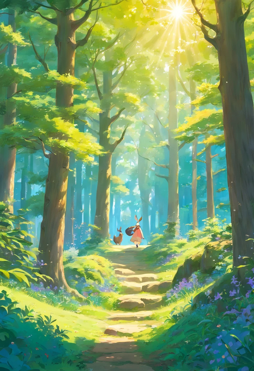 a sunlit forest with a diversity of trees, such as oaks and pines, and a clear blue sky. The forest floor should be dotted with small bushes and flowers. In the background, include small animals like rabbits, birds, and squirrels in their natural activities, like foraging or perching on tree branches. The overall atmosphere should be peaceful and idyllic, evoking a sense of harmony.