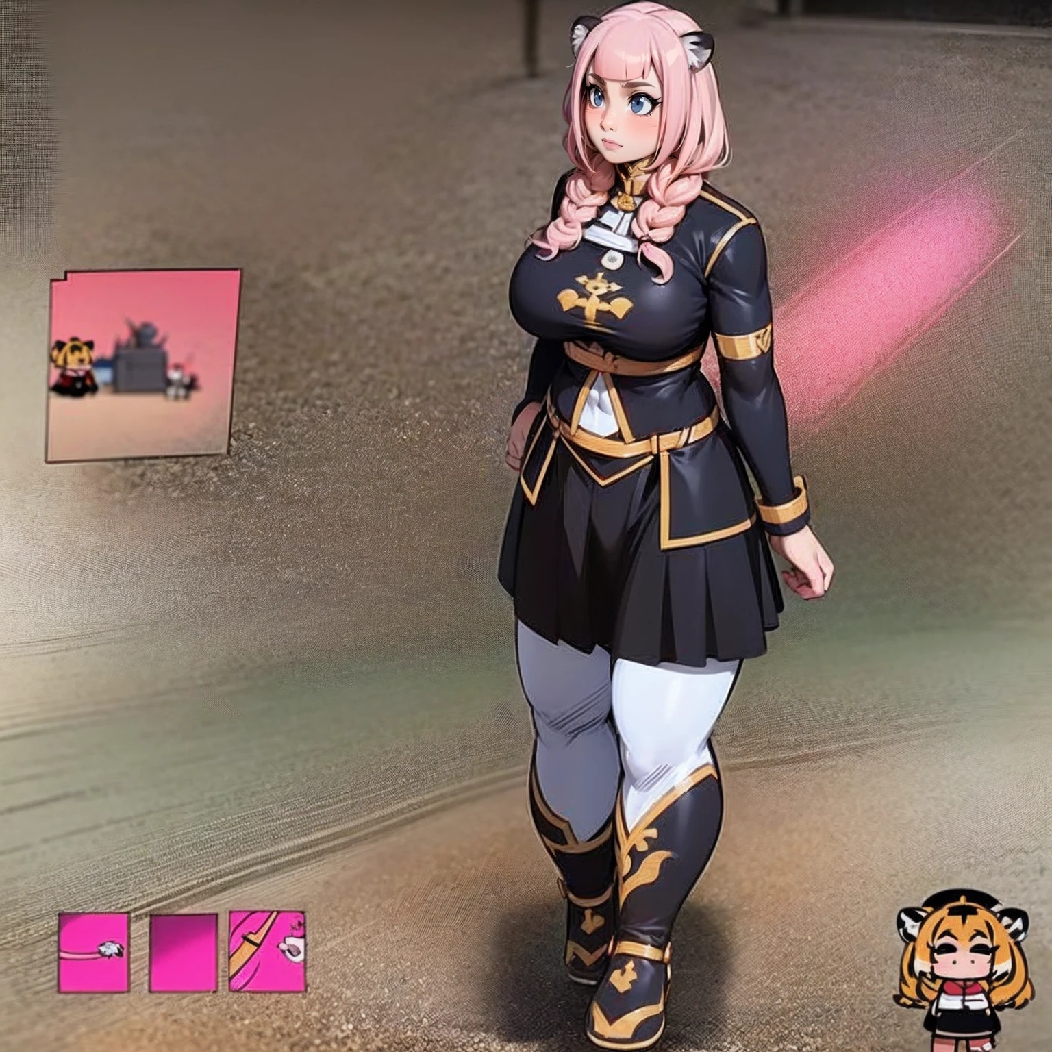 little girl, tiger ears, tiger tails, martial art, medium chest, pink hair, skirt, jacket, godess,1girl,coat,walking, solo focus.1character, holy catholic mountain,huge breast, curvy