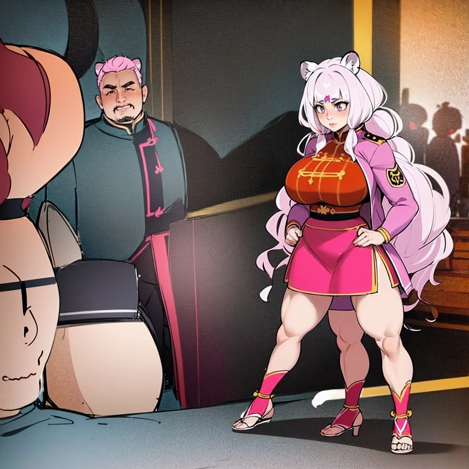 , tiger ears, tiger tails, martial art, medium chest, pink hair, skirt, jacket, godess,1girl,coat,walking, solo focus.1character, holy catholic mountain,huge breast, curvy