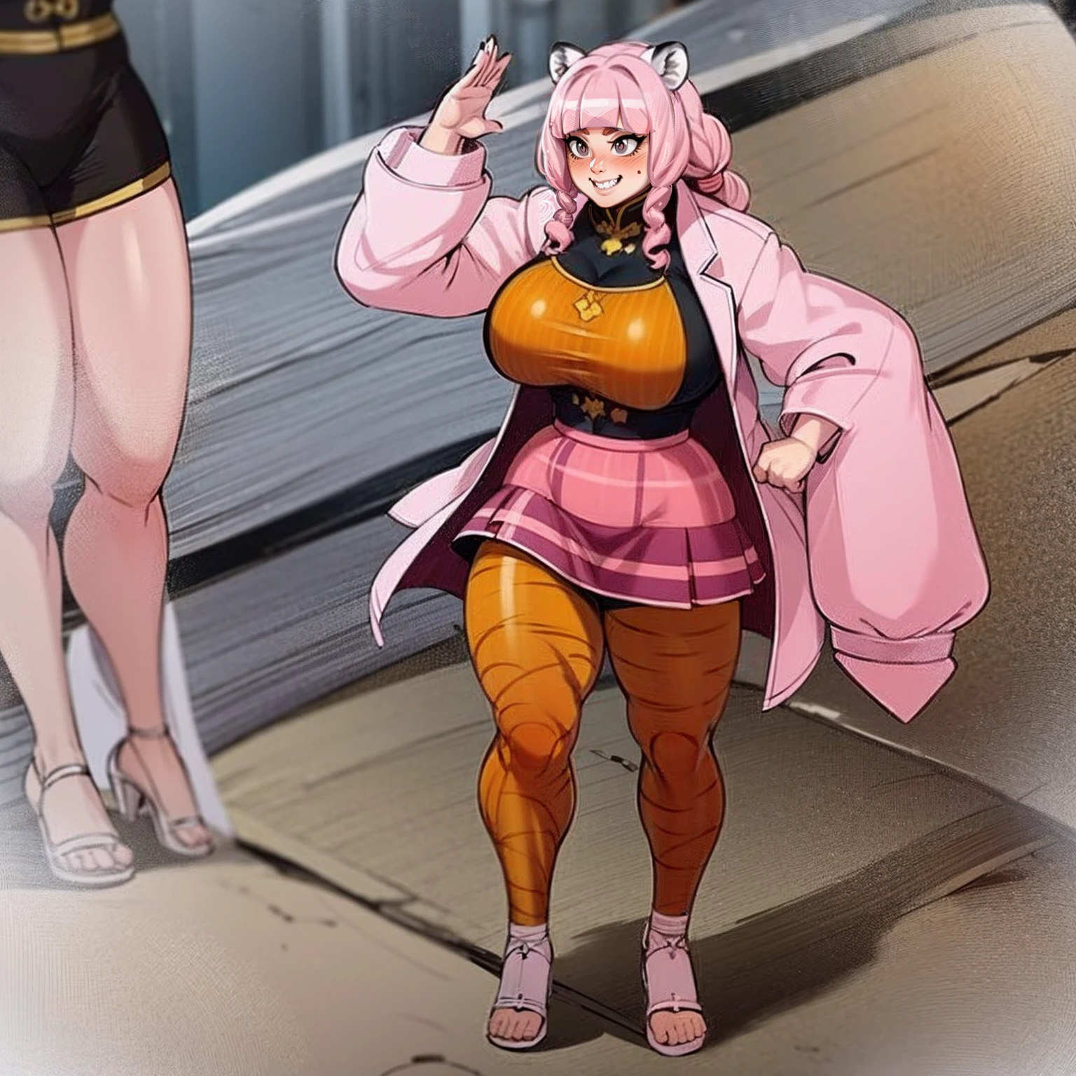 , tiger ears, tiger tails, martial art, medium chest, pink hair, skirt, jacket, godess,1girl,coat,walking, solo focus.1character, holy catholic mountain,huge breast, curvy, smile