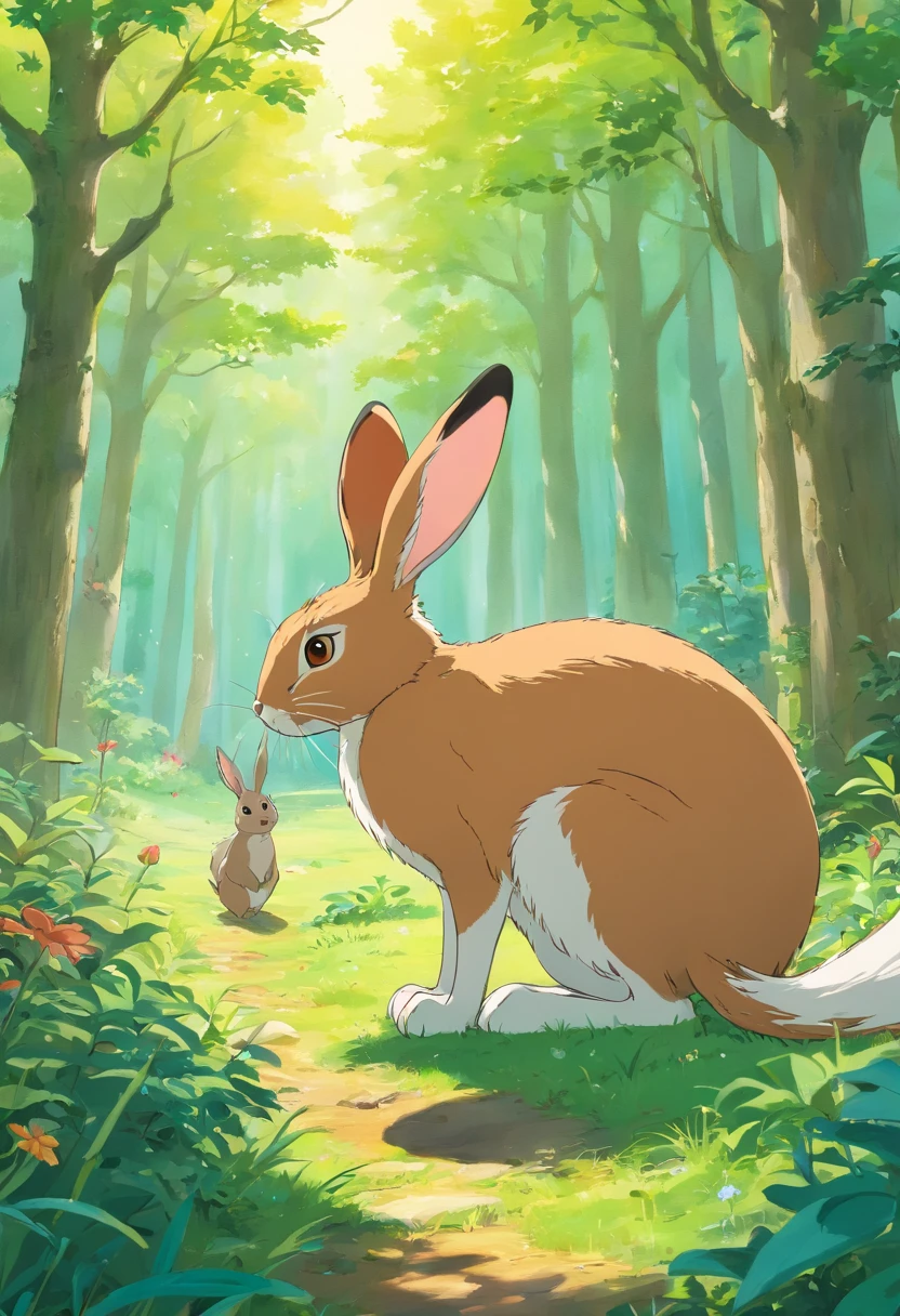a brown and white hare standing upright in a clearing, surrounded by a few forest animals like a squirrel, a bird, and a deer. The hare should have a confident posture, with one paw raised as if gesturing while speaking. The surrounding animals appear to be paying attention to the hare, with expressions of amusement or curiosity.