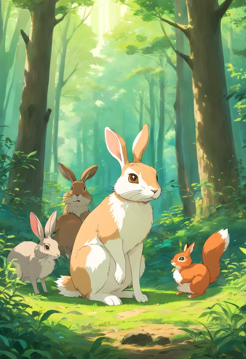 a brown and white hare standing upright in a clearing, surrounded by a few forest animals like a squirrel, a bird, and a deer. The hare should have a confident posture, with one paw raised as if gesturing while speaking. The surrounding animals appear to be paying attention to the hare, with expressions of amusement or curiosity.