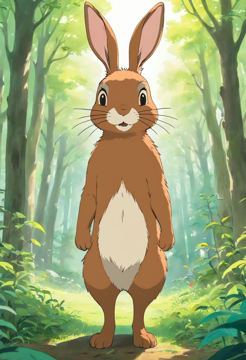 a brown and white hare standing upright in a clearing, surrounded by a few forest animals like a squirrel, a bird, and a deer. The hare should have a confident posture, with one paw raised as if gesturing while speaking. The surrounding animals appear to be paying attention to the hare, with expressions of amusement or curiosity.