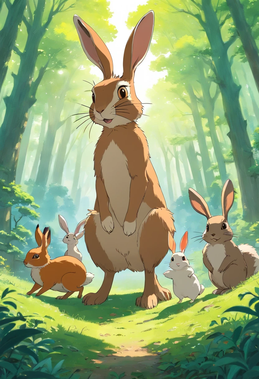 a brown and white hare standing upright in a clearing, surrounded by a few forest animals like a squirrel, a bird, and a deer. The hare should have a confident posture, with one paw raised as if gesturing while speaking. The surrounding animals appear to be paying attention to the hare, with expressions of amusement or curiosity.