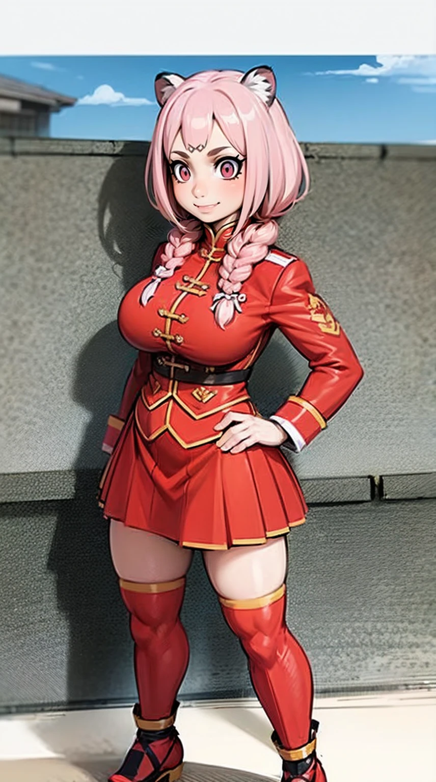 little girl, tiger ears, tiger tails, martial art, medium chest, pink hair, skirt, jacket, godess,1girl,coat,walking, solo focus.1character, holy catholic mountain,huge breast, curvy, smile