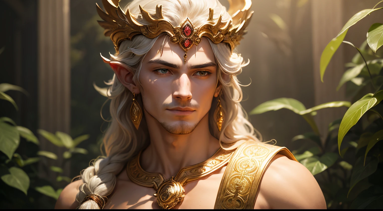 (a handsome god:1.1, masculine)
(ancient mythology) Freyr is a god of fertility and wealth in Norse mythology, known for his charm and attractiveness. He is often depicted as a handsome and intelligent man with an aura of wisdom. 

(sculpture) Create a detailed sculpture of Freyr in a regal pose, showcasing his divine presence. Pay attention to the intricate details of his facial features, such as his captivating eyes, noble nose, and well-defined lips. 

(lush garden background) Surround Freyr with a vibrant garden filled with blooming flowers and lush greenery. This adds a sense of serenity and abundance, reflecting his role as the god of fertility and wealth. 

(golden aura) Surround Freyr's figure with a soft golden glow, highlighting his divine essence and radiance. The golden aura should gently illuminate his features and create a warm and inviting atmosphere. 

(natural lighting) Illuminate the scene with soft natural lighting, casting subtle shadows to enhance depth and realism. The lighting should be gentle yet dynamic, adding a touch of natural beauty to the overall composition. 

(fine art) Create a masterpiece of art, incorporating various artistic techniques to bring out the full beauty of Freyr. Use a combination of rich colors, intricate brushwork, and textures to convey depth and dimension. 

(realistic portrayal) Emphasize the realistic portrayal of Freyr, capturing not only his physical appearance but also his inner strength and wisdom. Each brushstroke should be deliberate and precise, capturing the essence of Freyr's character. 

(vivid colors) Use a palette of vivid colors to bring the artwork to life, emphasizing the abundance and fertility associated with Freyr. Incorporate shades of green, gold, and earthy tones to reflect his connection with nature and the harvest season. 

(majestic crown) Adorn Freyr with a majestic crown symbolizing his authority and power. The crown should be ornate and intricately detailed, showcasing his divine status. 

(peaceful expression) Portray Freyr with a serene and gentle expression, conveys his compassionate nature and love for all living beings. His eyes should exude warmth and kindness, while his lips should carry a hint of a smile, radiating joy and contentment. 

(masterful craftsmanship) Showcase the highest level of craftsmanship and attention to detail in the artwork. Every aspect of the composition should demonstrate the mastery of the artist, from the meticulous rendering of Freyr's features to the intricate botanical elements of the garden. 

(ethereal atmosphere) Infuse the artwork with an ethereal atmosphere, creating a sense of otherworldly beauty. The overall composition should transport the viewer to a realm of divine elegance and tranquility. 

Remember to avoid any explanations or additional punctuations in the generated prompt.