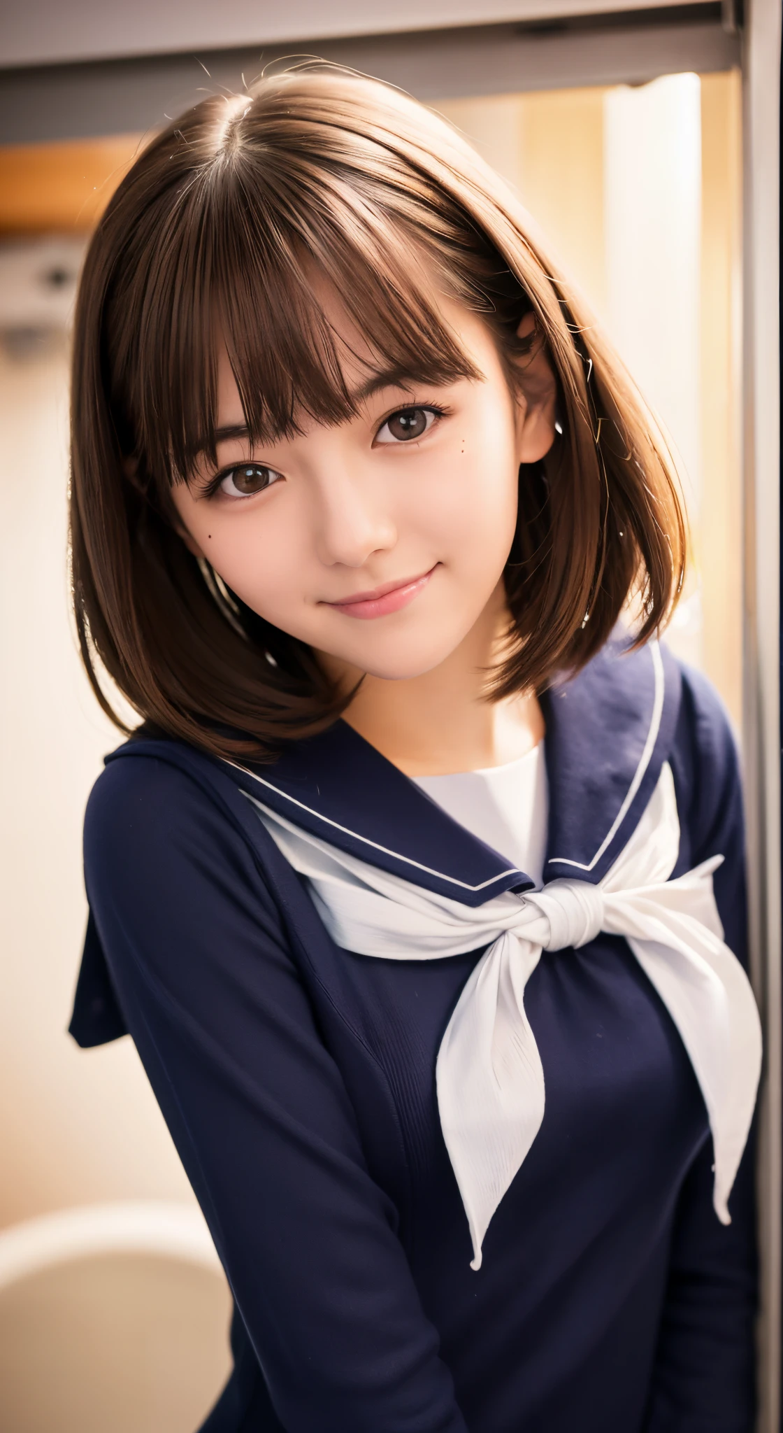 top-quality, 8K, ultra-detailliert, Photorealsitic, Beautiful face, Love Plus, Yasushi Anegasaki々, a sailor suit, brown haired, (1girll:1.3), The best smile, Beautiful pink lips