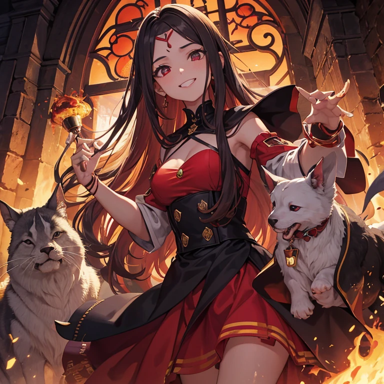 Imagem, 1mulher, olhar maldoso, sorriso maligno, peitos medianos, dentes caninos, blood cord, adaga vermelha, cabelo branco, pele parda, olhos roxos, Incubus, roupa ((Black)), fundo, inferno, calor, magma, qualidade 4k,