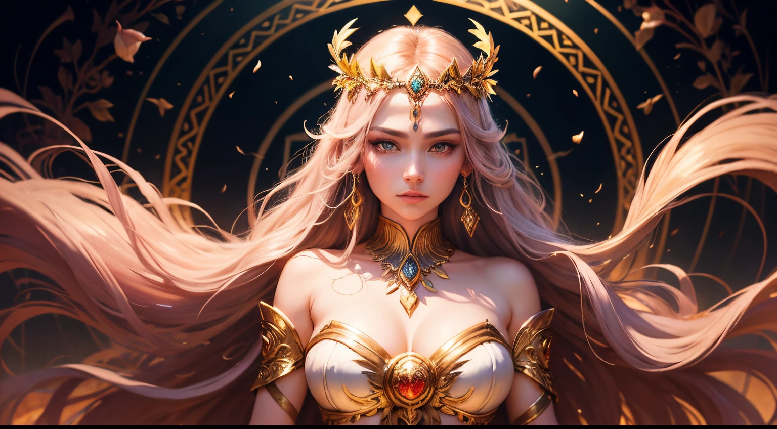 goddess,beautiful eyes,long hair,golden dress,graceful pose,serene expression,flower crown,warrior queen,divine beauty,love and power,midgard serpent,battlefield scene,dramatic lighting,magic staff,ethereal glow,colorful aura,strength and femininity,fierce determination,mythical creature companion,heavenly surroundings,majestic presence,astral realm,celestial light,legendary beauty,endless love and wisdom,symbol of courage,eternal youth and vitality,enchanted forest setting,hazy mist,mesmerizing gaze,celestial beauty,distinctive jewelry,glamorous goddess,divine aura,harmony of love and war,masterpiece:1.2,ultra-detailed,photorealistic,HDR,stunning colors,vibrant and lively,artistic strokes,painting-like composition,inspiring vision.