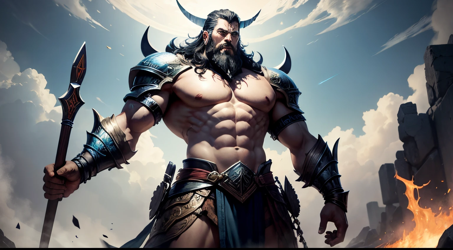 Hyper realistic image from the waist up.  in the center a majestic and evil Minotaur in a dark fantasy landscape.  Depicted as a strong, muscular man with the head of a bull.  The minotaur's powerful physique and sinister demeanor must be painstakingly detailed, capturing every muscle, horn, and expression with precision. wears a brown leather skirt and has chains on chest. Spectacular lighting to accentuate the features of the minotaur and enhance the feeling of grandeur.  Aim for a high level of detail, 8K, intricate textures, masterpiece.   - --auto --s2