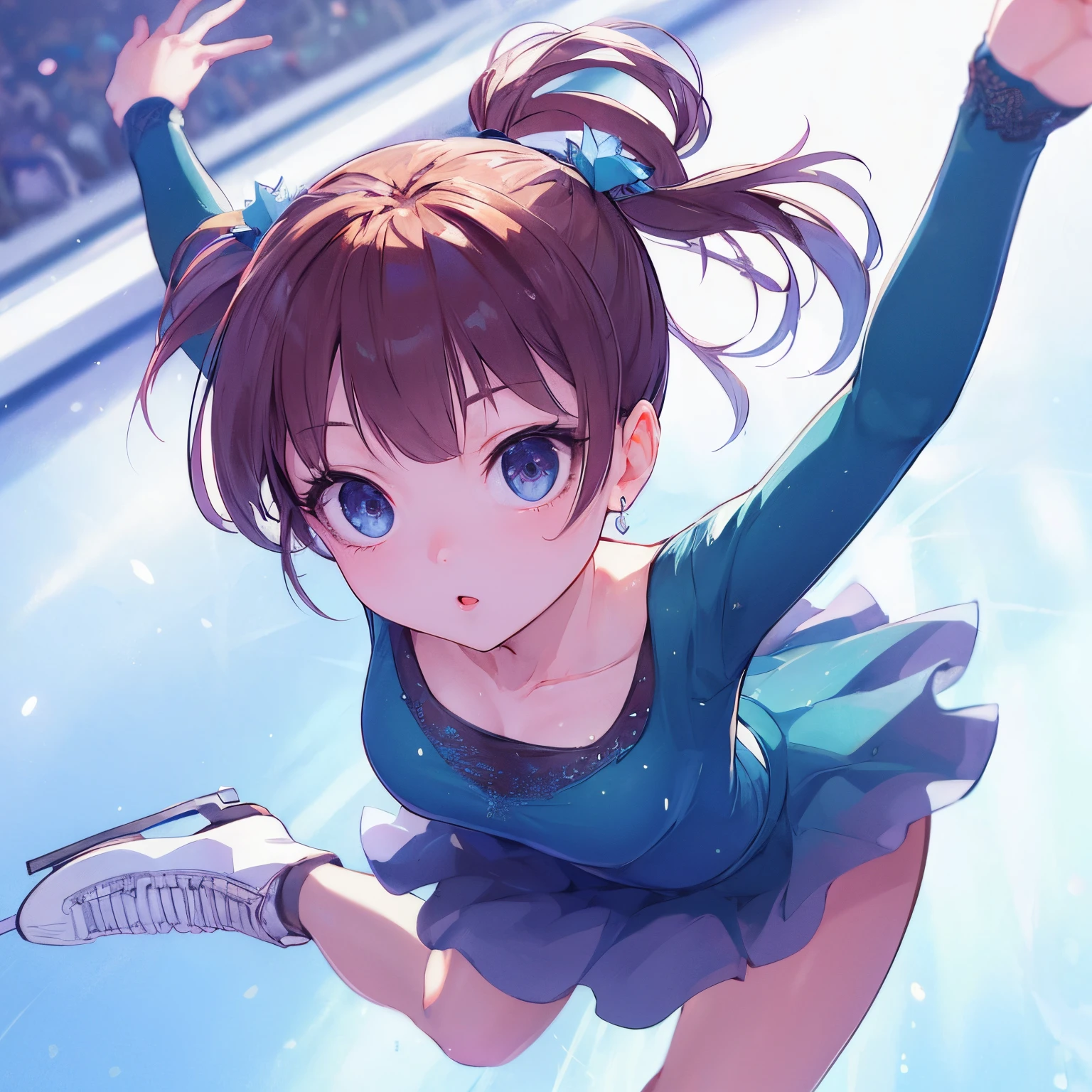 Best Quality, masutepiece, High resolution, (Anime Heroine Illustration), Anime Paint, 1beautiful girl ,Dynamic Angle,Female figure skaters,small head,Large breasts,nice legs, Glowing skin, Sweat,At the figure skating venue ,Cool,Detailed beautiful face,Detailed beautiful eyes,detailed hairs,detailed skins,Realistic Skins,Sweat,detailed clothes,from behind