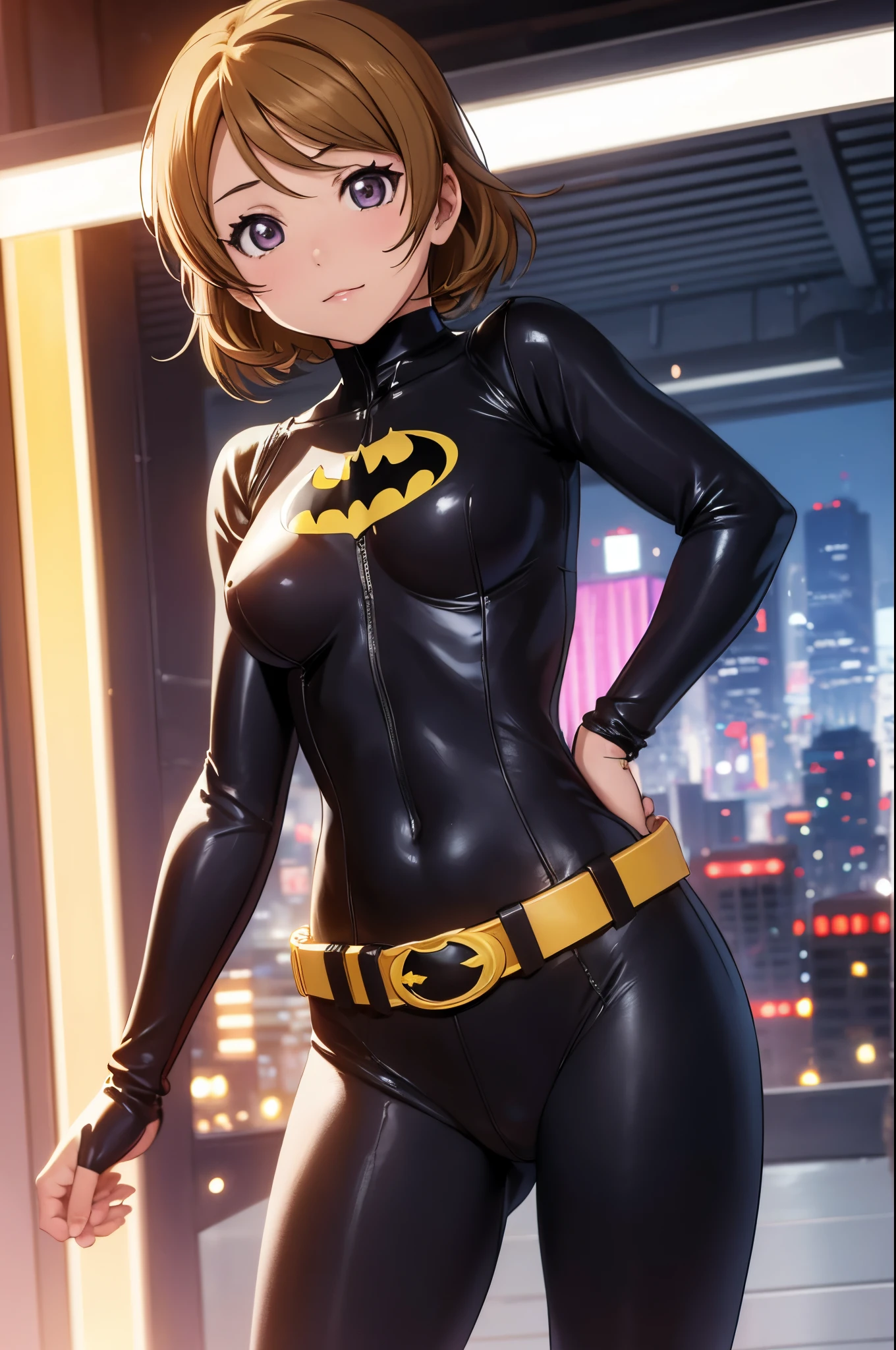 koizumi hanayo, (tight bodysuit:1.2), batman custom , standing , cowboy shot,belt