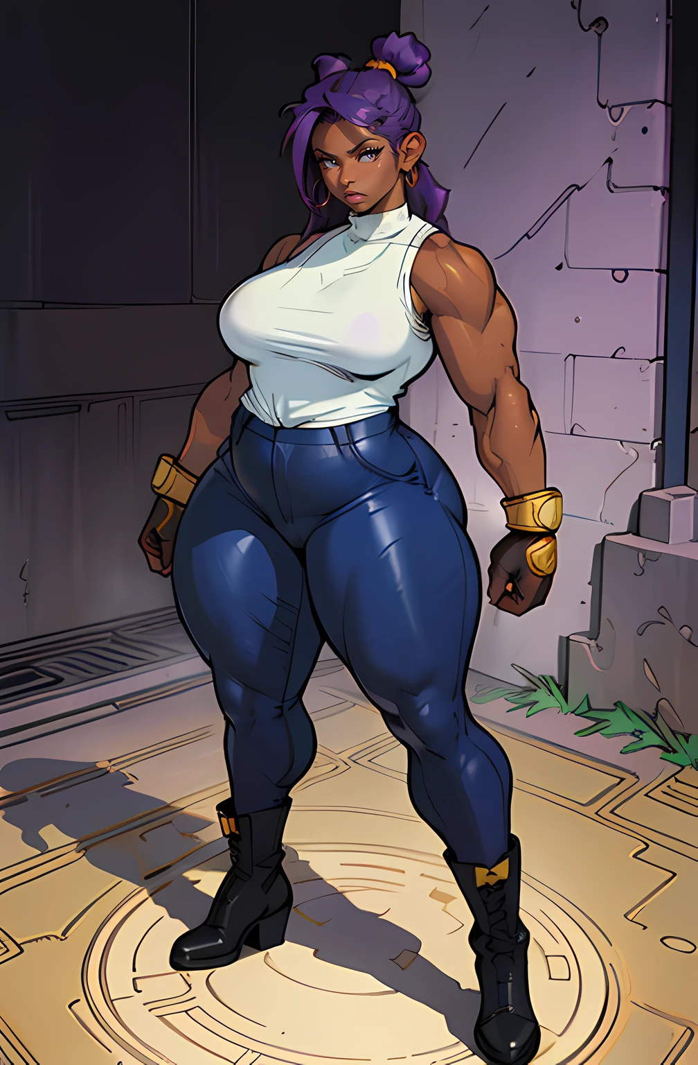 jim lee ((masterpiece)) comic book style, intricate comic book outline linework, flat colors

very tall, (street fighter) ((((1girl)))) ((dark skin)) ((((wide body)))) hanging breast: 1.9, medium breasts ((((chubby physique)))) ((violet hair)) (((topknot))) hazel eyes long hair ((full body)) tight black sleeveless shirt, (((gold tight pants))), boots, arm bands, leather gloves, earrings, solid background, full body,