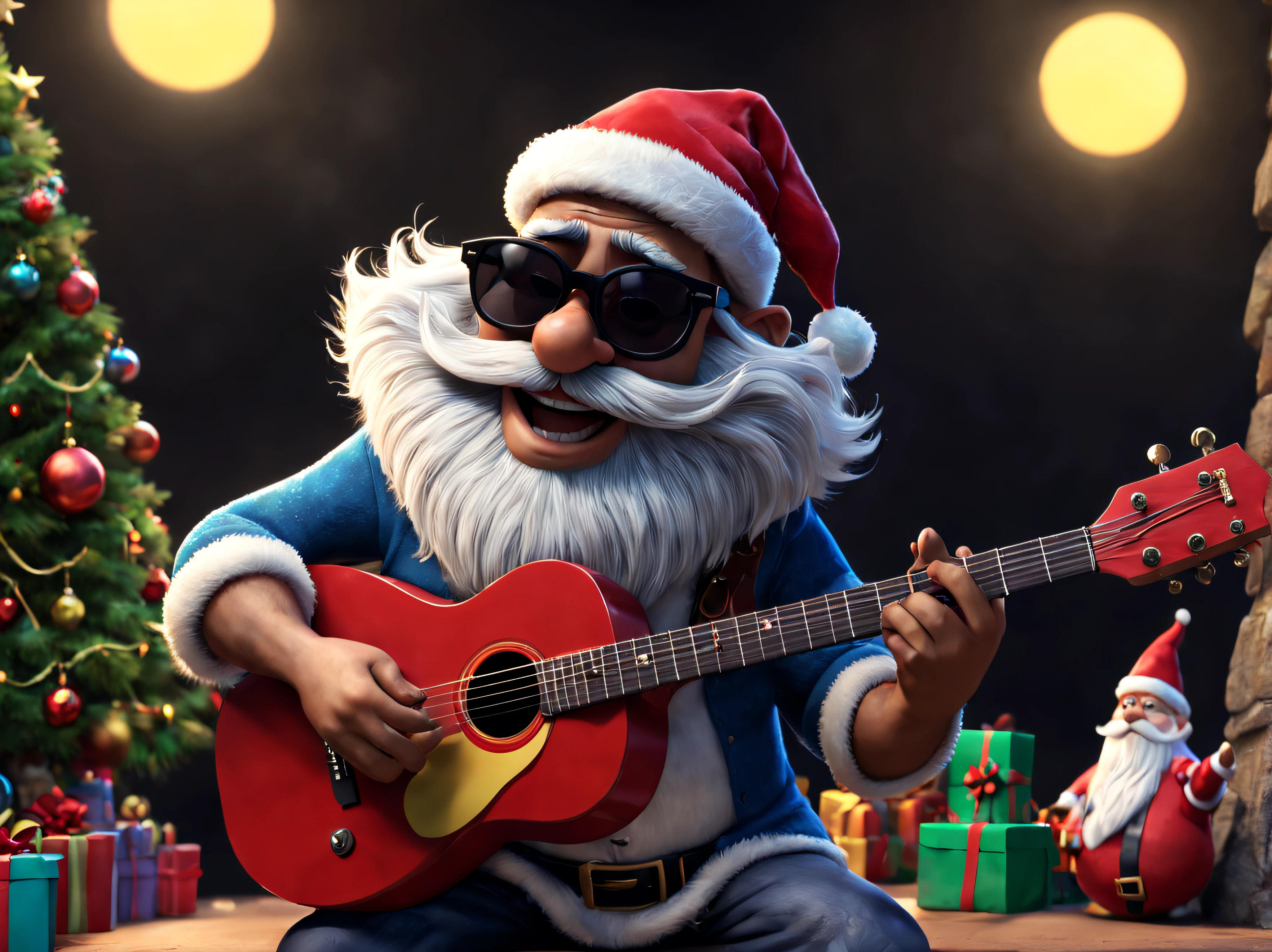 An illustraion, master part, realistic 3d render, Estilo Disney Pixar, uma pedra Papai Noel aparece, playing the guitar, wearing sunglasses and with his unique look that combines the magic of Christmas with the rebellious style of rock. 8k UHD. cinemactic