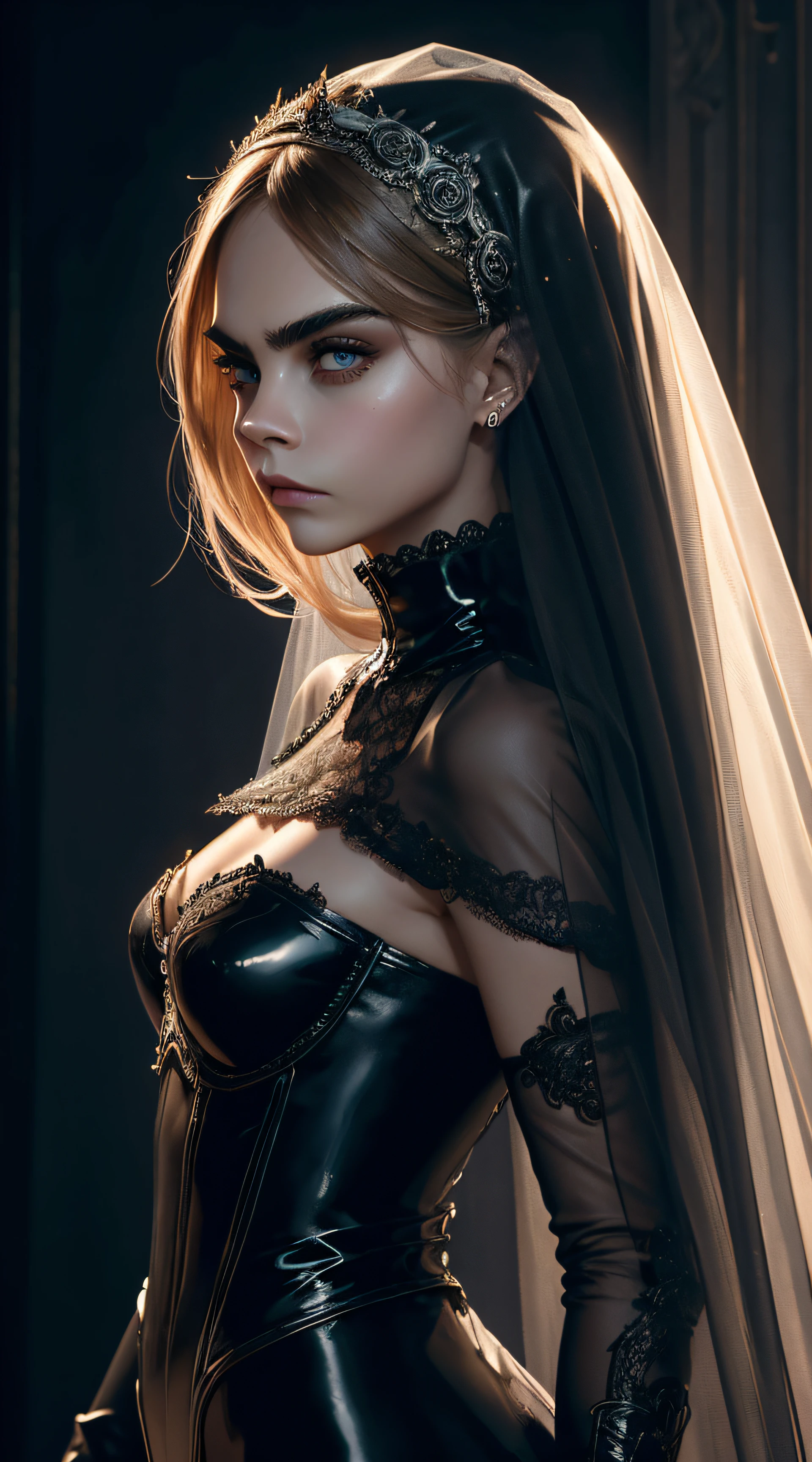 Victoria Beckham, wearing veil bride latex costume transparent. professionally retouched, soft lighting, realistic, smooth face, perfect eyes, sharp focus on eyes, 8 k, high definition, insanely detailed, intricate, elegant. against the background of a sex shop.