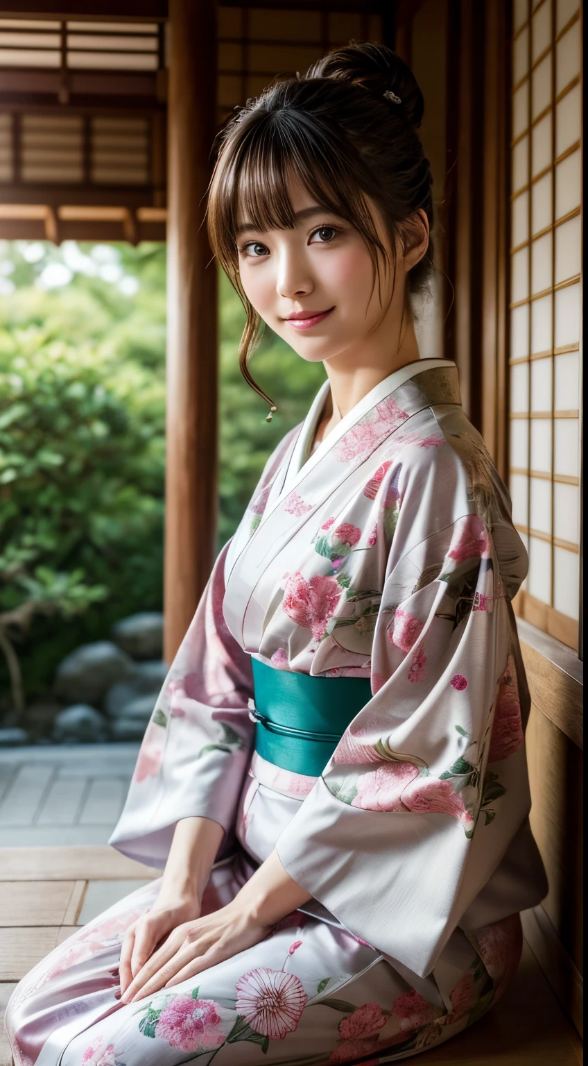 (Photorealsitic:1.4), (Top image quality:1.0), (超A high resolution:1.0), 8K, Raw photography, (​masterpiece:0.2), (pureerosface_v1:0.5)、(Best Quality Detail:1.2)、realisitic、8K UHD、hight resolution、(1girl in:1.2)、The ultra-detailliert、High quality textures、intricate detailes、detaileds、Very detailed CG、High quality shadows、Detail Beautiful delicate face、Detail Beautiful delicate eyes、depth of fields、Ray traching,1girl in, japanaese girl, Cute, slender, Black kimono, Kimono with Japanese pattern,Floral scrunchie, Beautiful skin, Facing the front,Sit down, Sit upright and say thank you,Align your hands elegantly,Smile faintly The Land of Japan,Japanese garden,Luxury Japanese-style room, skyporn, Magic Hour, (Realistic:1.3), Finely detailed, quality, (masutepiece:1.2), (Photorealistic:1.2), (Best Quality), (Intricate details), Dramatic, Ray tracing, photograph, +Lola