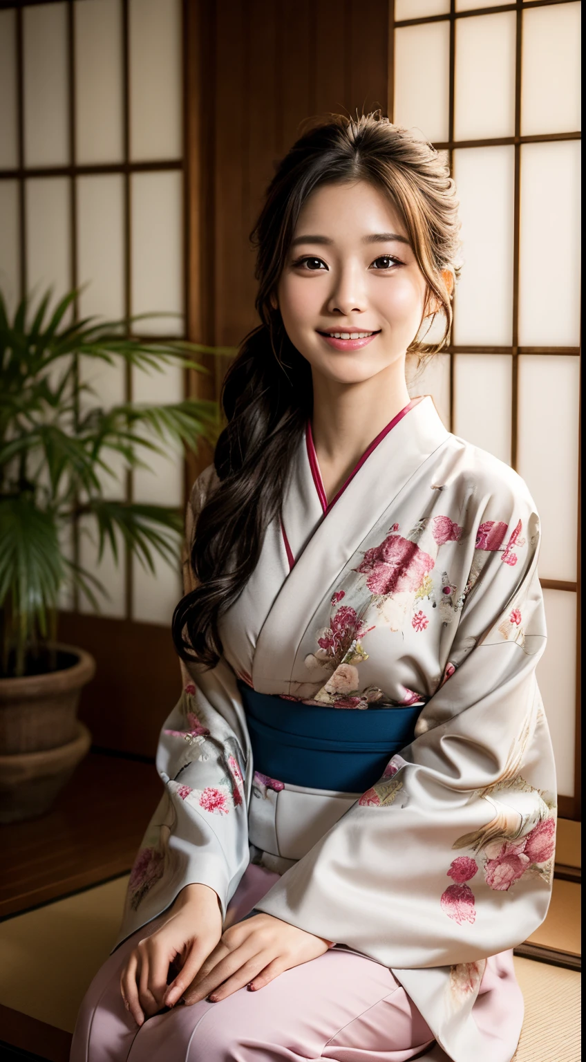 (Photorealsitic:1.4), (Top image quality:1.0), (超A high resolution:1.0), 8K, Raw photography, (masterpiece:0.2), (pureerosface_v1:0.5)、(Best Quality Detail:1.2)、realisitic、8K UHD、hight resolution、(1girl in:1.2)、The ultra-detailliert、High quality textures、intricate detailes、detaileds、Very detailed CG、High quality shadows、Detail Beautiful delicate face、Detail Beautiful delicate eyes、depth of fields、Ray traching,1girl in, japanaese girl, Cute, slender, Black kimono, Kimono with Japanese pattern,Floral scrunchie, Beautiful skin, Facing the front,Sit down, Sit upright and say thank you,Align your hands elegantly,Smile faintly The Land of Japan,Japanese garden,Luxury Japanese-style room, skyporn, Magic Hour, (Realistic:1.3), Finely detailed, quality, (masutepiece:1.2), (Photorealistic:1.2), (Best Quality), (Intricate details), Dramatic, Ray tracing, photograph, +Lola