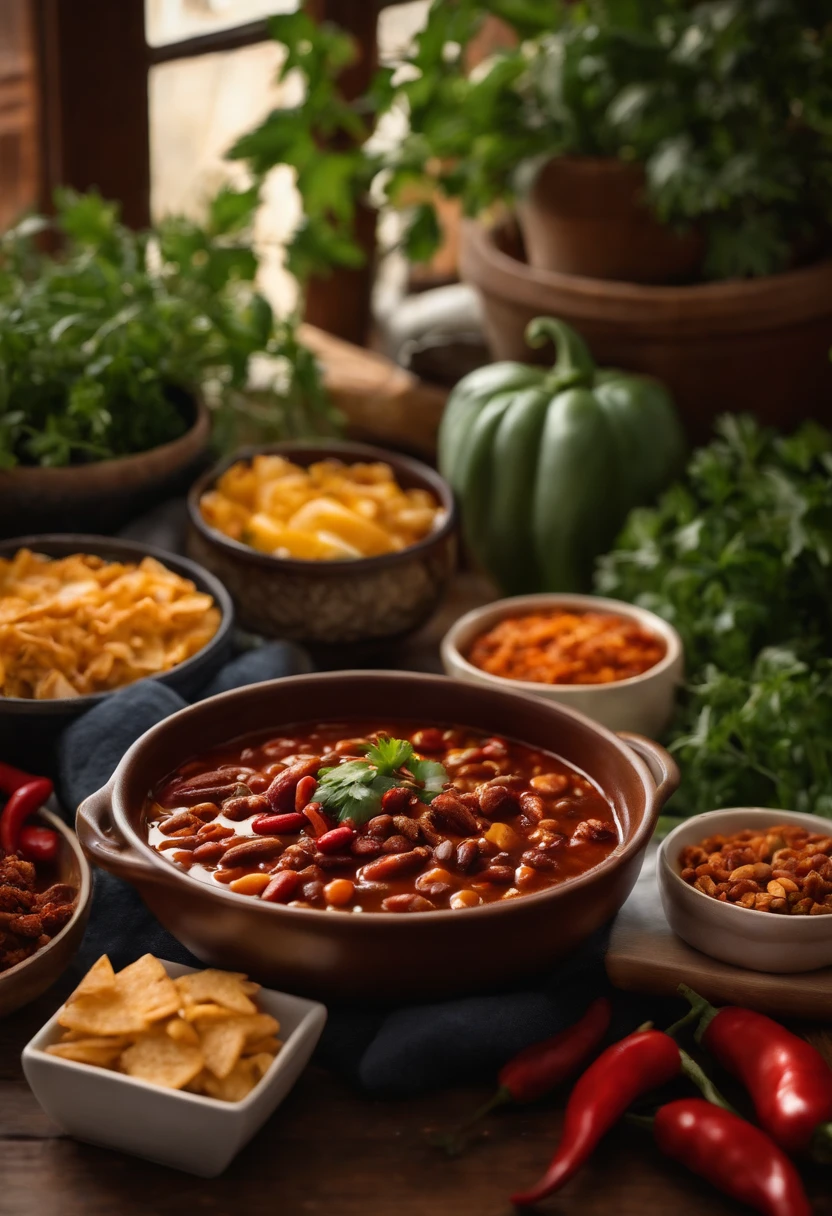 A photo of a warm bowl of chili surrounded by cozy potted foods and a warm blanket,original,Bowlofchili looks exactly like a bowl of chili, N/A