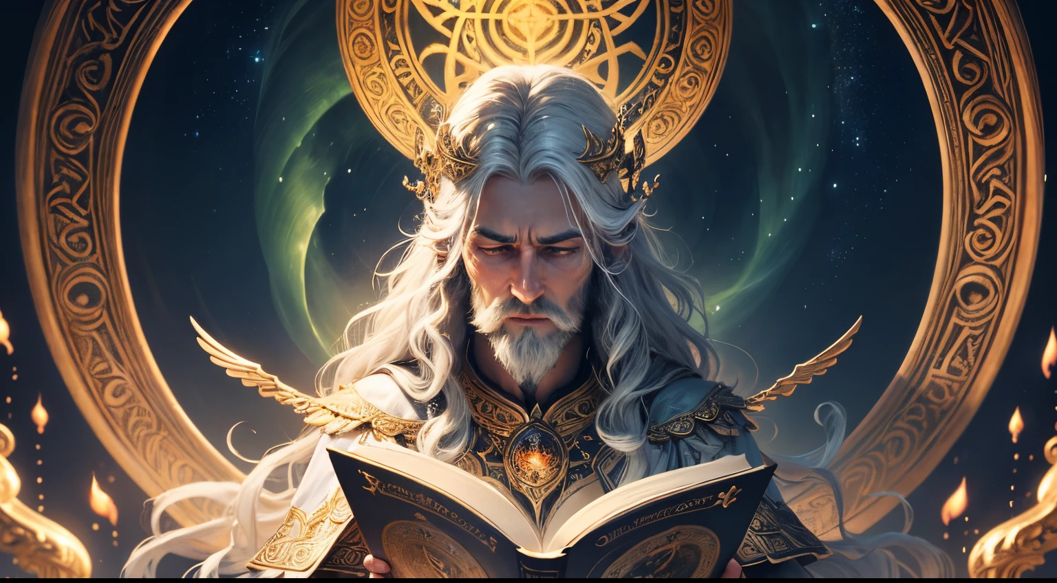best quality,4k,8k,highres,masterpiece:1.2,ultra-detailed,realistic:1.37,mythology,Bragi,god of poetry and music,detailed face,long beard,wisdom,intelligence,skilled storyteller,ethereal lighting,heavenly aura,musical notes,glowing harp,silver hair,fine details,ancient Norse mythology,divine inspiration,hauntingly beautiful melodies,magical atmosphere,celestial stage,floating musical staff,inspiring rhythm,majestic presence,Golden Hall,floating clouds,poetic verses,mythical essence,ethereal choir,golden lyre,colorful auroras,serene expression,musical harmonies,divine symphony,inspiring creativity,melodic lines,celestial music,illuminated manuscripts,enchanted melodies,musical genius,dream-like ambiance,otherworldly beauty,noble stature