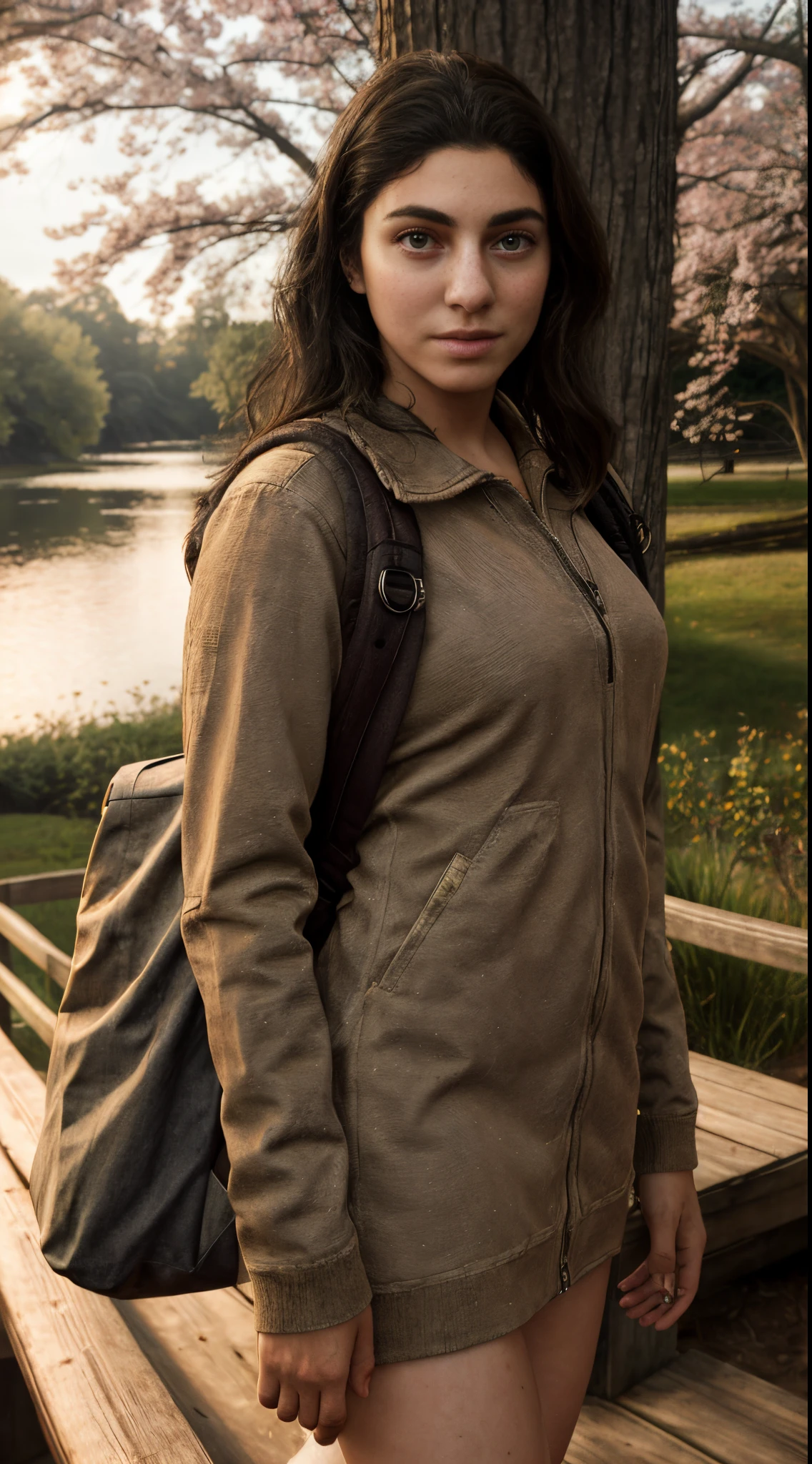 -teen, Finnish, de, long hair, small breasts, big eyes, long legs, Thigh close-up, beige dress, white socks, high heel shoes, backpack, park background, crossing a wooden bridge in the lake, Trees, cherry blossom, sunrise, light through fabric, (realistic, photorealistic: 1.37), specular light, ray tracing, HDR