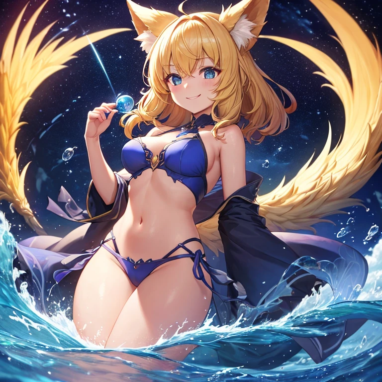 Imagem, 1mulher, cabelo longo ((preto)), peitos um pouco grandes, olhos castanhos escuros, roupa escolar ((apertada)), coxa amostrando, brilho no corpo, coxa um pouco grossa, olhar maldoso, sorriso malicioso, water ball in hands, cor azul, asas pequenas, made of water, background in the dark sky, a noite