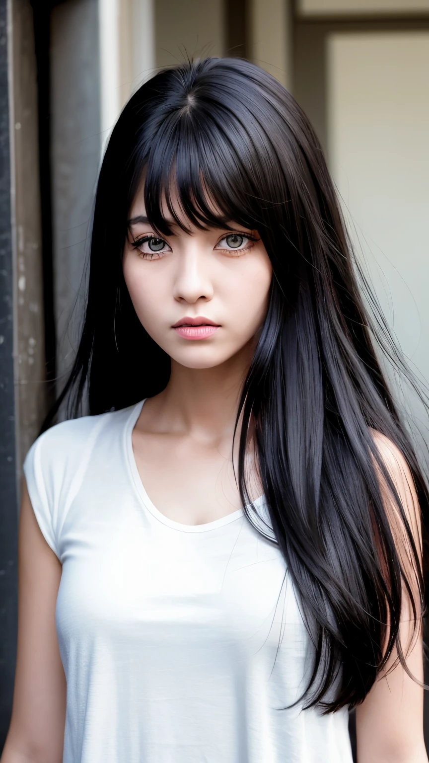 A girl with sharp, yellow eyes, long black hair, wears classic clothes, she has a cold expression