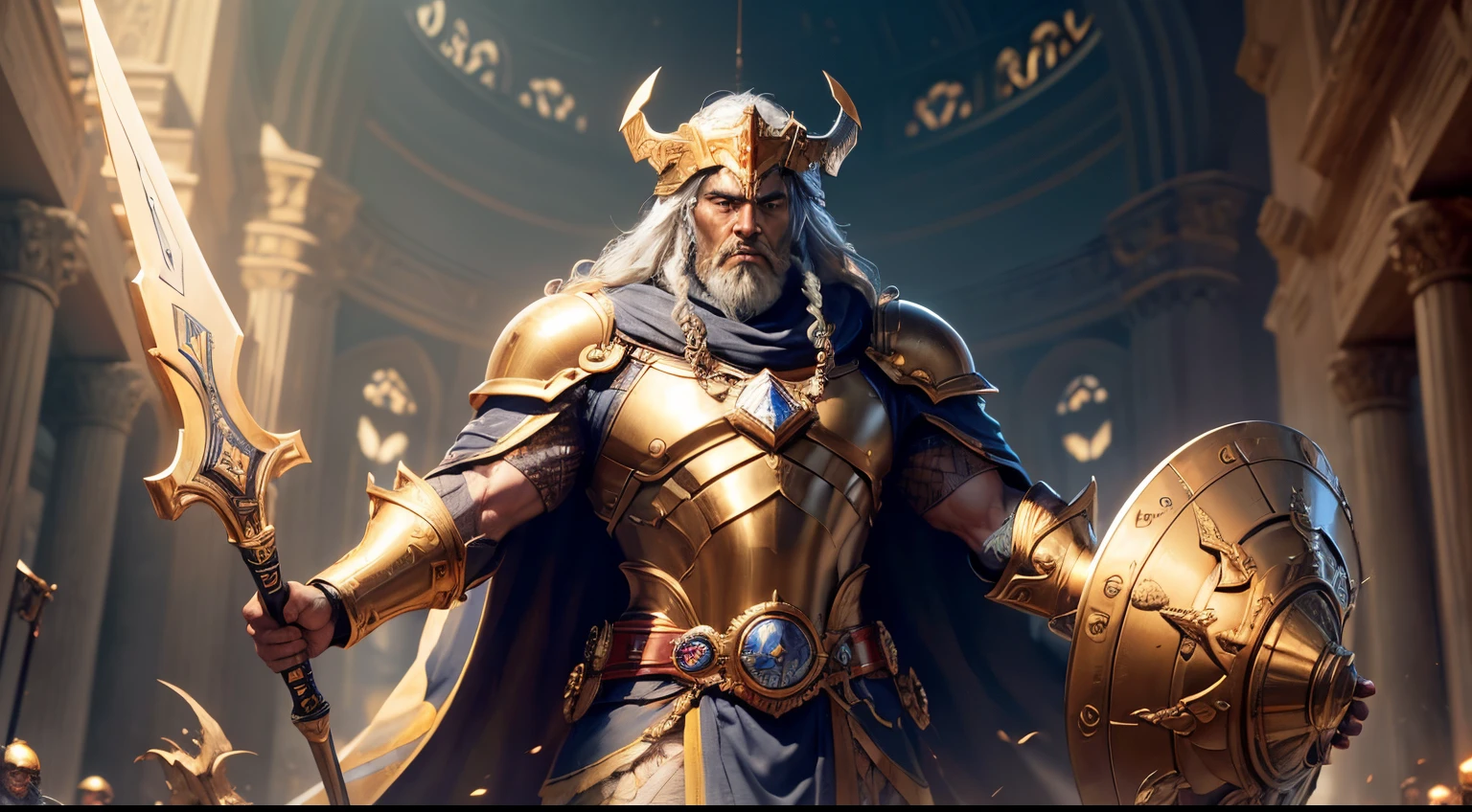 Beowulf imposing ultra details sitting on the throne looking at me holding his hammer with very sinister features