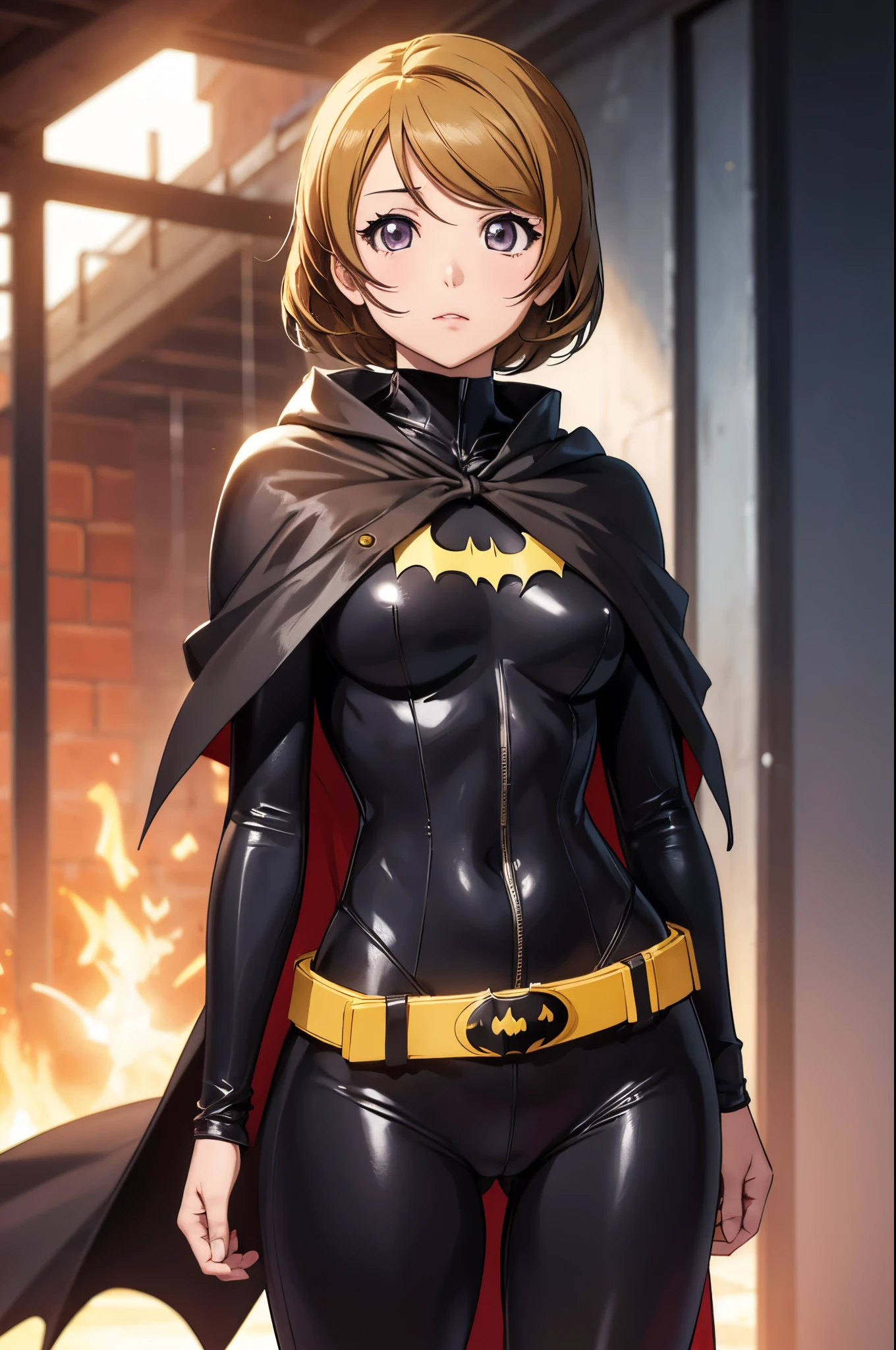 koizumi hanayo, (tight bodysuit:1.2), batman custom , standing , cowboy shot,belt, cape