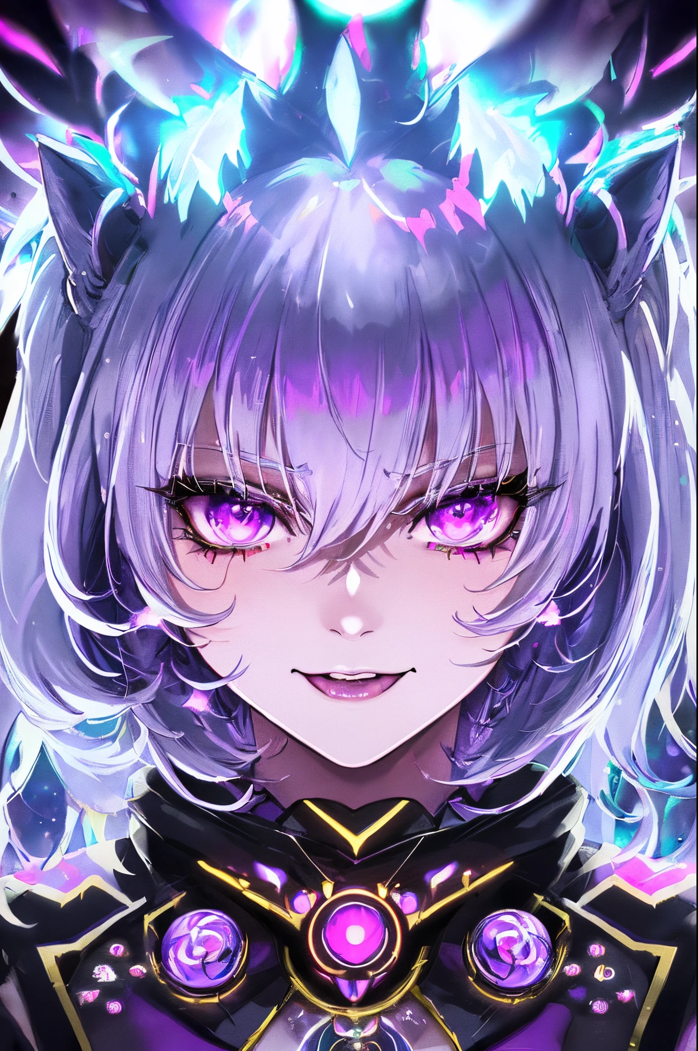 1woman, looking at viewer, ((Multiverse Goddess of Monsters)), Female, (Evil Goddess), evil face, Devilish Smile, (cat ears), ((purple eyes)), (short hair, beautiful hair and lush, silver hair, white hair), Goddess Long Dress, Thin, medium breasts, slim waist, Dark Fantasy, destruction, (((psychedelic art, ultra detailed, ultra realistic face, cinematic, best quality, harsh lighting, + ++++))), splash art 500, Chaos 750, galaxy, stars, planets in background, psychedelic colors, ((color blast))
