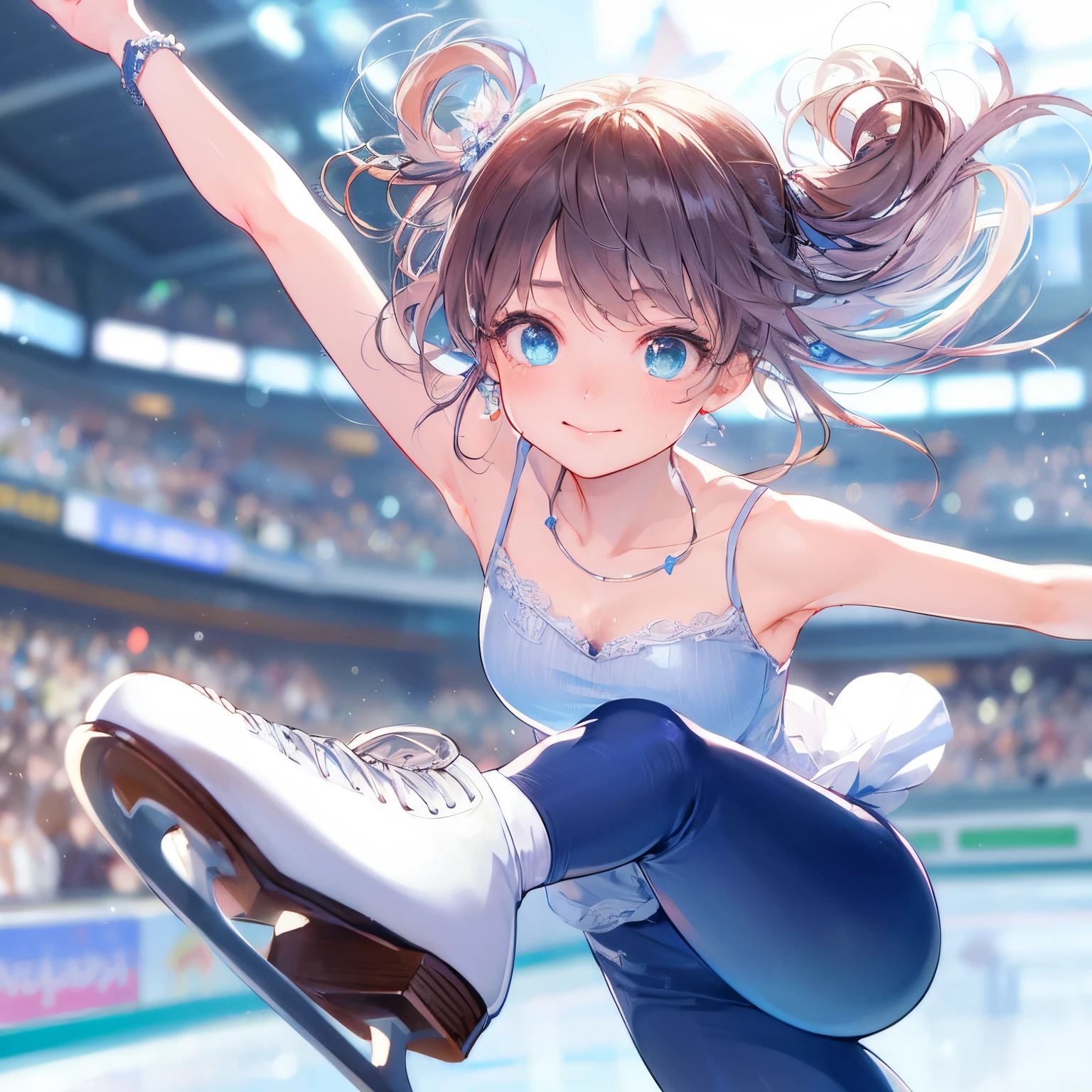 Best Quality, masutepiece, High resolution, (Anime Heroine Illustration), Anime Paint, 1beautiful girl ,Dynamic Angle,Female figure skaters,small head,Large breasts,nice legs, Glowing skin, Sweat,At the figure skating venue ,Cool,Detailed beautiful face,Detailed beautiful eyes,detailed hairs,detailed skins,Realistic Skins,Sweat,detailed clothes,from behind