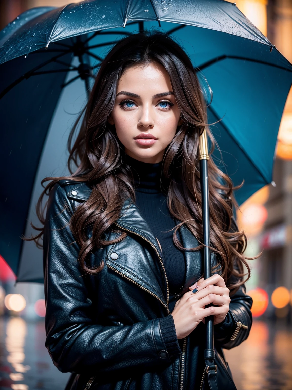 Sexy woman, Albanian, 24 years, cute, neat face, detailed, small neat nose, neat plump lips, big eyes, blue eyes, Alice Milano, long hair, curly hair, natural shine, chocolate hair, portrait, focus on face, gorgeous, city girl,western, hot girl, in long coat, holding umbrella,night in city, rainy day, (masterpiece), best quality, high resolution, extremely detailed, depth of field