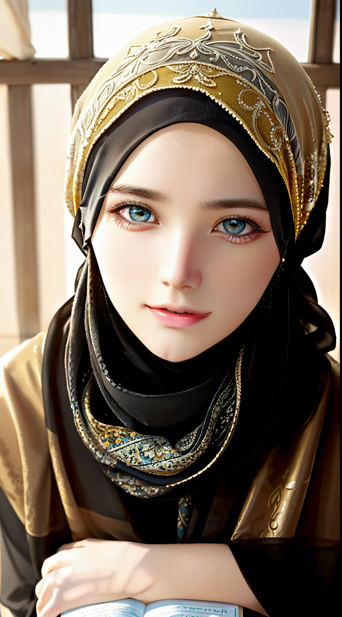 1girl, solo, beautiful face, high detailed realistic eyes, double eyelids, high detailed realistic pupils, (upon body from head to waist:1.36), (wearing hijab:1.37), (moslem headscarf:1.37), reading glasses, sitting alone on a long chair, amazing mosque park background, taj mahal, best quality, masterpiece, highres, black and white moslem female dress, Beautiful face, (upon body from head to waist:1.35), tyndall effect, photorealistic, dark studio, two tone lighting, 8k uhd, dslr, soft lighting, high quality, volumetric lighting, candid, Photograph, high resolution, 4k, 8k, Bokeh, (hyperrealistic girl), (illustration), (high resolution), (extremely detailed), (best illustration), (beautiful detailed eyes), (best quality), (ultra-detailed), (masterpiece), (wallpaper), (photorealistic), (natural light), (rim lighting), (detailed face), (high detailed realistic skin face texture), (anatomically correct), (heterochromic eyes), (detailed eyes), (sparkling eyes), (dynamic pose), (hair completely covered by the hijab:1.35), looking to viewer
