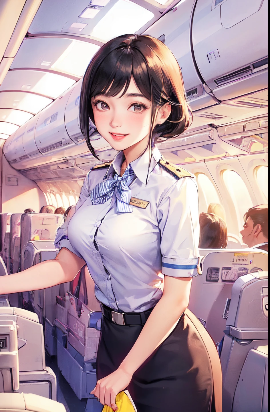One woman standing, Stewardess, (Stewardess uniform), maturefemale, /(Black hair/) Bangs, blushing happy smile,  (masterpiece best quality:1.2) Ultra-detailed, Big breasts Break /(Airplane Seats/) Indoors