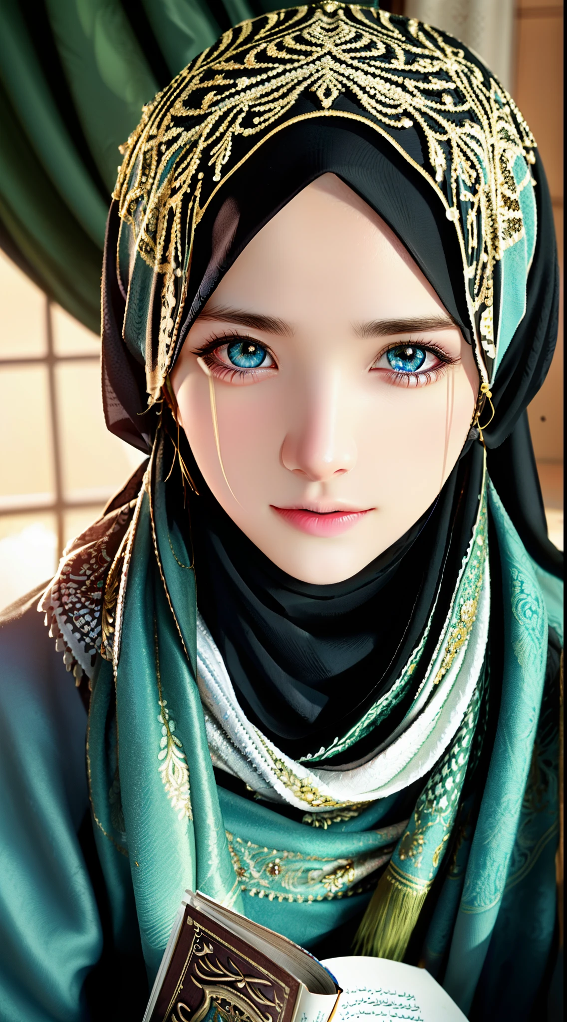 1girl, solo, beautiful face, high detailed realistic eyes, double eyelids, high detailed realistic pupils, (upon body from head to waist:1.36), (wearing hijab:1.37), (moslem headscarf:1.37), reading glasses, sitting alone on a long chair, amazing mosque park background, taj mahal, best quality, masterpiece, highres, black and white moslem female dress, Beautiful face, (upon body from head to waist:1.35), tyndall effect, photorealistic, dark studio, two tone lighting, 8k uhd, dslr, soft lighting, high quality, volumetric lighting, candid, Photograph, high resolution, 4k, 8k, Bokeh, (hyperrealistic girl), (illustration), (high resolution), (extremely detailed), (best illustration), (beautiful detailed eyes), (best quality), (ultra-detailed), (masterpiece), (wallpaper), (photorealistic), (natural light), (rim lighting), (detailed face), (high detailed realistic skin face texture), (anatomically correct), (heterochromic eyes), (detailed eyes), (sparkling eyes), (dynamic pose), (hair completely covered by the hijab:1.35), looking to viewer