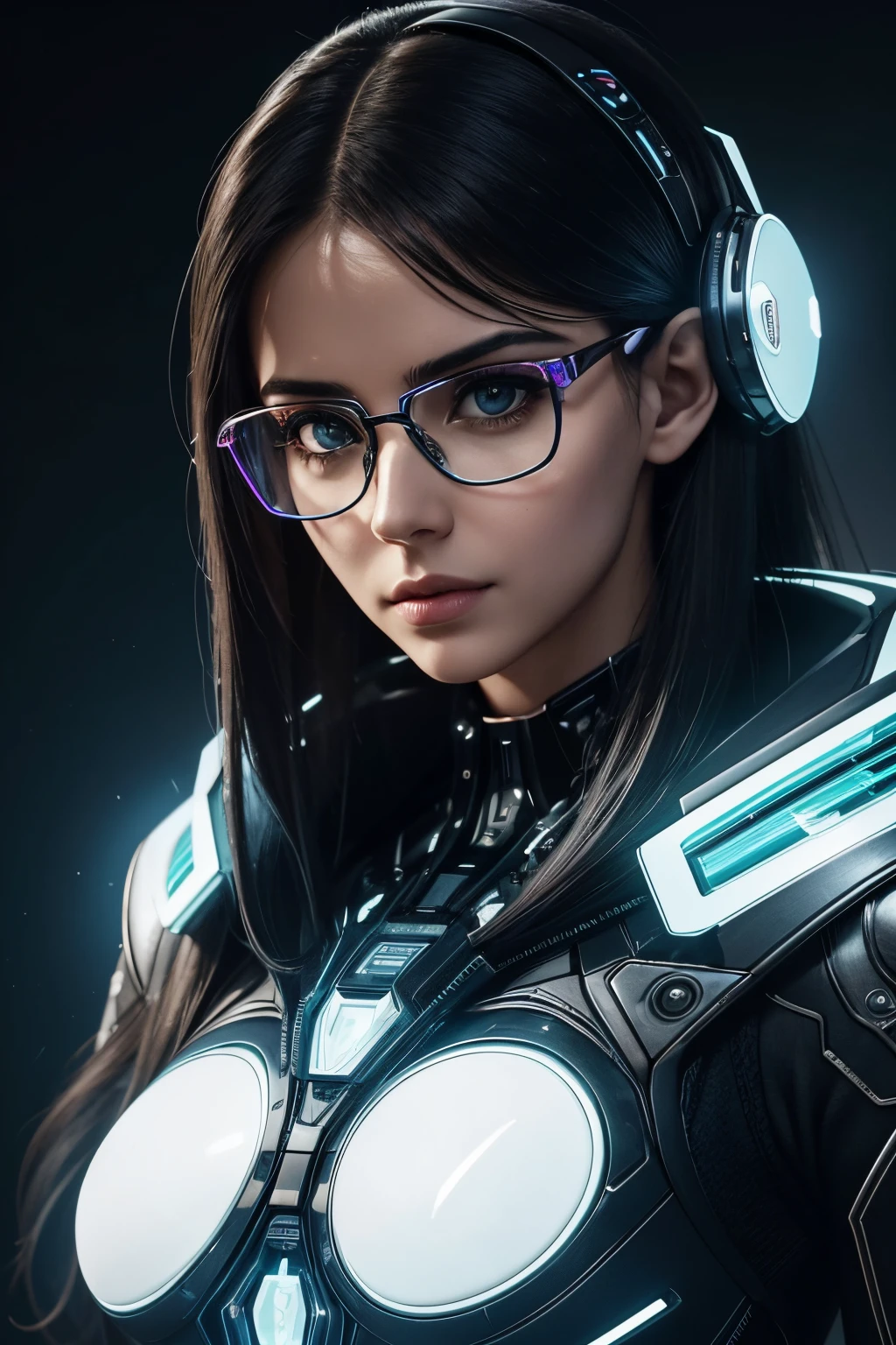 Uma mulher adulta, with a puzzled expression, looking to the side while sporting a pair of clear glasses with a futuristic cyberpunk-style technological design. The glasses emit a slight luminescence, displaying brilliant circuitry patterns that blend elegantly into your appearance, enhancing your face with a touch of high technology and distinct sophistication