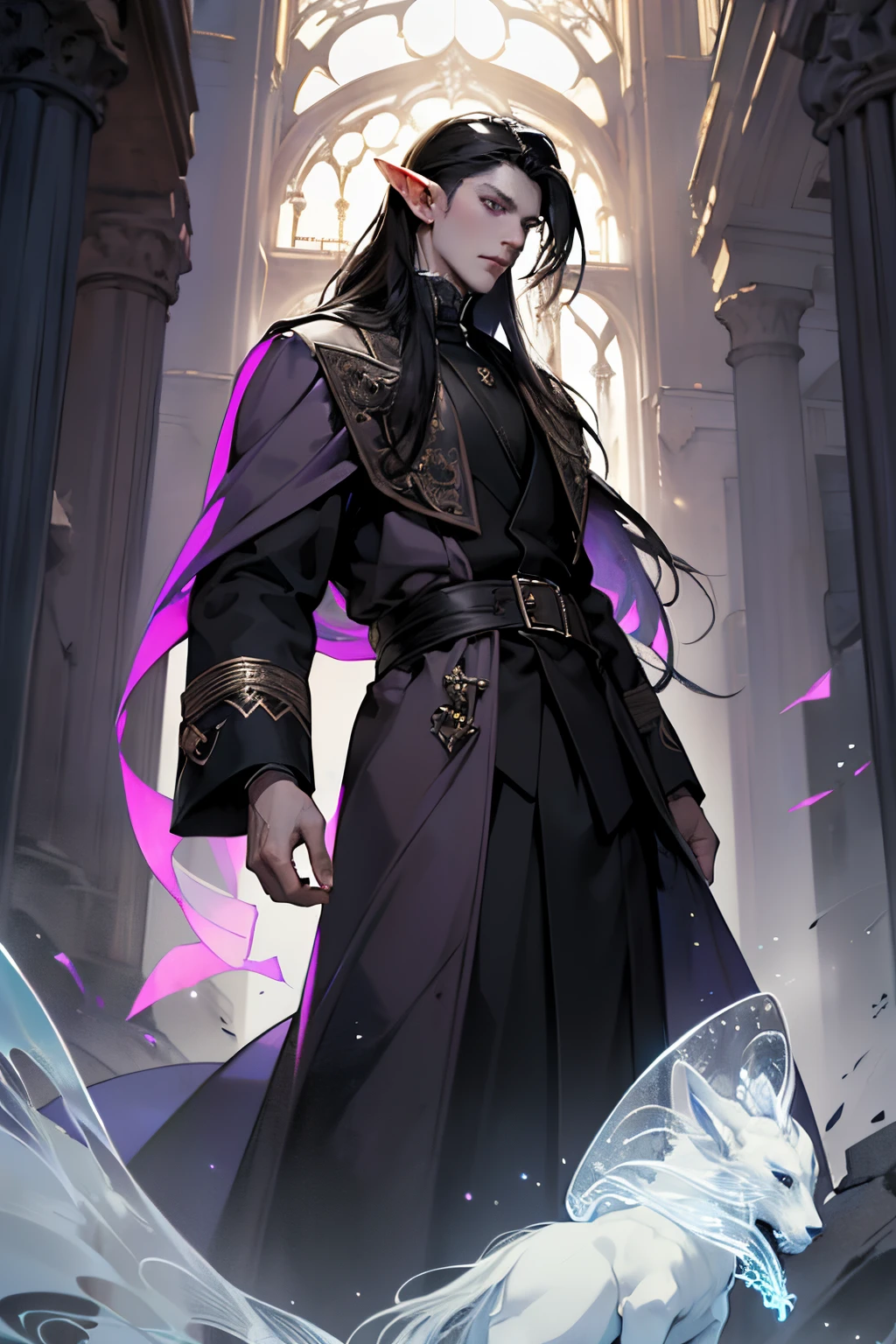 (masterpiece),best quality,1male, beautiful face, (handsome:1.1), elf ears, (pale skin:1.2), (high resolution,overwhelmingly pixel-perfect,luxurious illustration), (Ultra Quality, Masterpiece, Ethereal:1.4), black hair, purple eyes, long hair, brown coat, overcoat, ruins background,