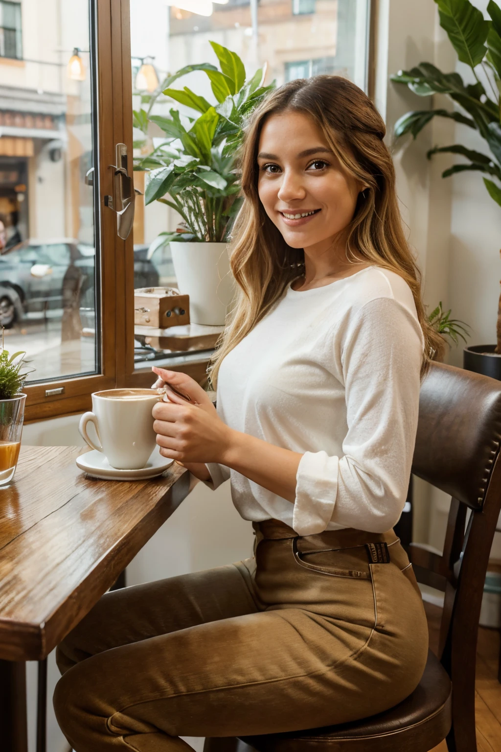 (best quality,highres,ultra-detailed),portrait,Latina woman in her 30s,long blonde hair,honey-colored eyes,smiling,dressed in jeans,holding a cup of coffee,sitting at a table,upscale coffee shop,soft natural lighting,wooden interiors,hanging plants,modern decor,vibrant colors,Americano coffee,frothy milk foam on top,steam rising from the cup,curling tendrils of steam,cozy atmosphere,comfortable seating,relaxing ambience,coffee brewing equipment on the counter,barista preparing coffee,display of freshly baked pastries,aroma of freshly ground coffee beans,faint background chatter of conversations,faint instrumental music playing in the background,crisp air conditioning,clear glass windows,people walking by outside,evoking a sense of warmth and comfort,a moment of tranquility and enjoyment in her day.