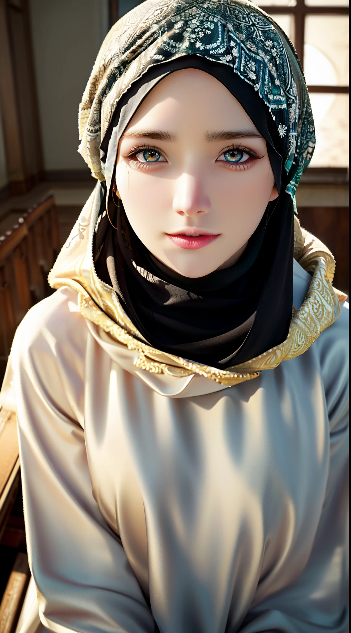 1girl, solo, beautiful face, high detailed realistic eyes, double eyelids, high detailed realistic pupils, (upon body from head to waist:1.36), (wearing hijab:1.37), (moslem headscarf:1.37), reading glasses, sitting alone on a long chair, amazing mosque park background, taj mahal, best quality, masterpiece, highres, black and white moslem female dress, Beautiful face, (upon body from head to waist:1.35), tyndall effect, photorealistic, dark studio, two tone lighting, 8k uhd, dslr, soft lighting, high quality, volumetric lighting, candid, Photograph, high resolution, 4k, 8k, Bokeh, (hyperrealistic girl), (illustration), (high resolution), (extremely detailed), (best illustration), (beautiful detailed eyes), (best quality), (ultra-detailed), (masterpiece), (wallpaper), (photorealistic), (natural light), (rim lighting), (detailed face), (high detailed realistic skin face texture), (anatomically correct), (heterochromic eyes), (detailed eyes), (sparkling eyes), (dynamic pose), (hair completely covered by the hijab:1.35), looking to viewer